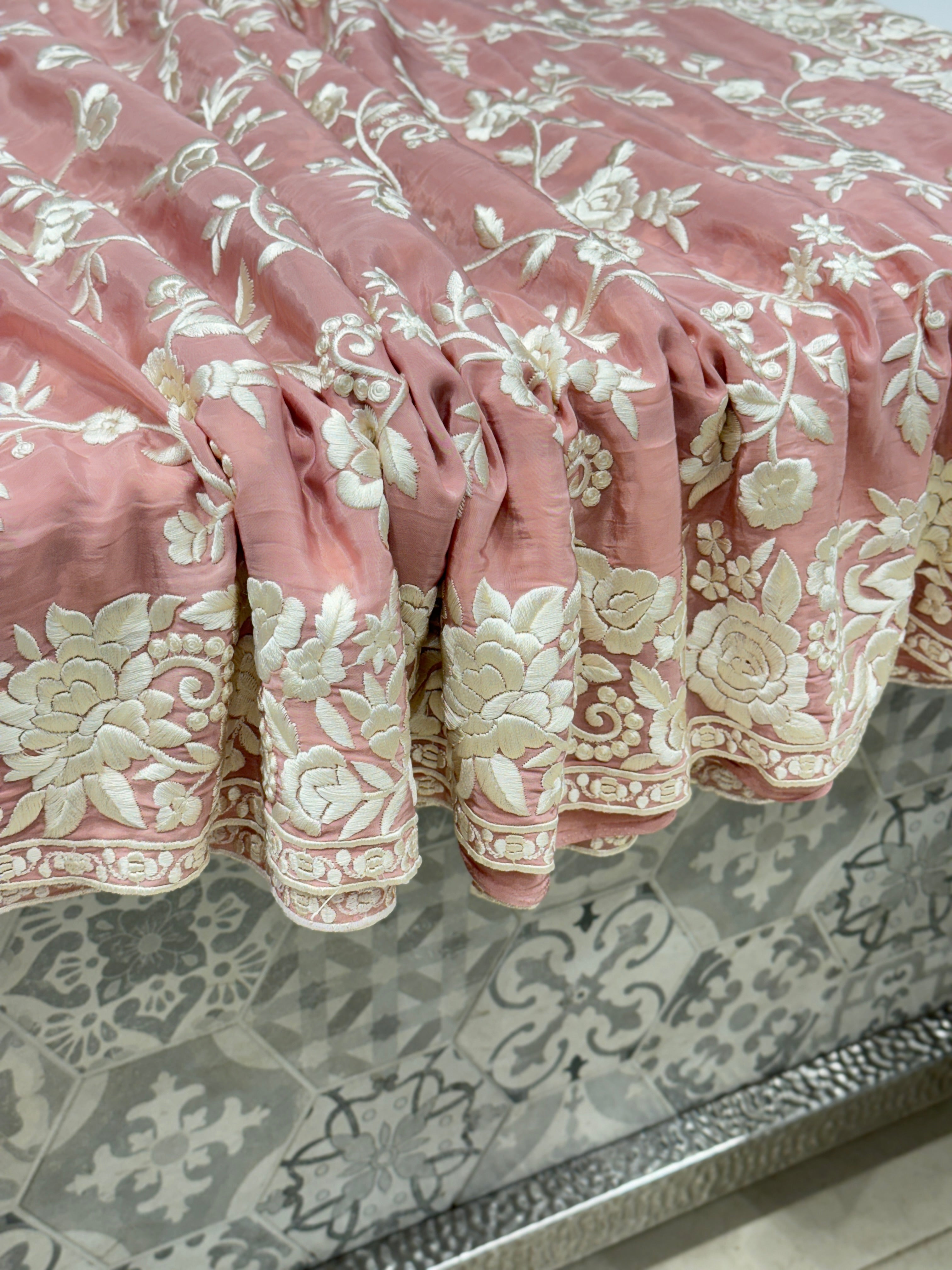 Pink Crepe Floral Parsi Gara Saree
