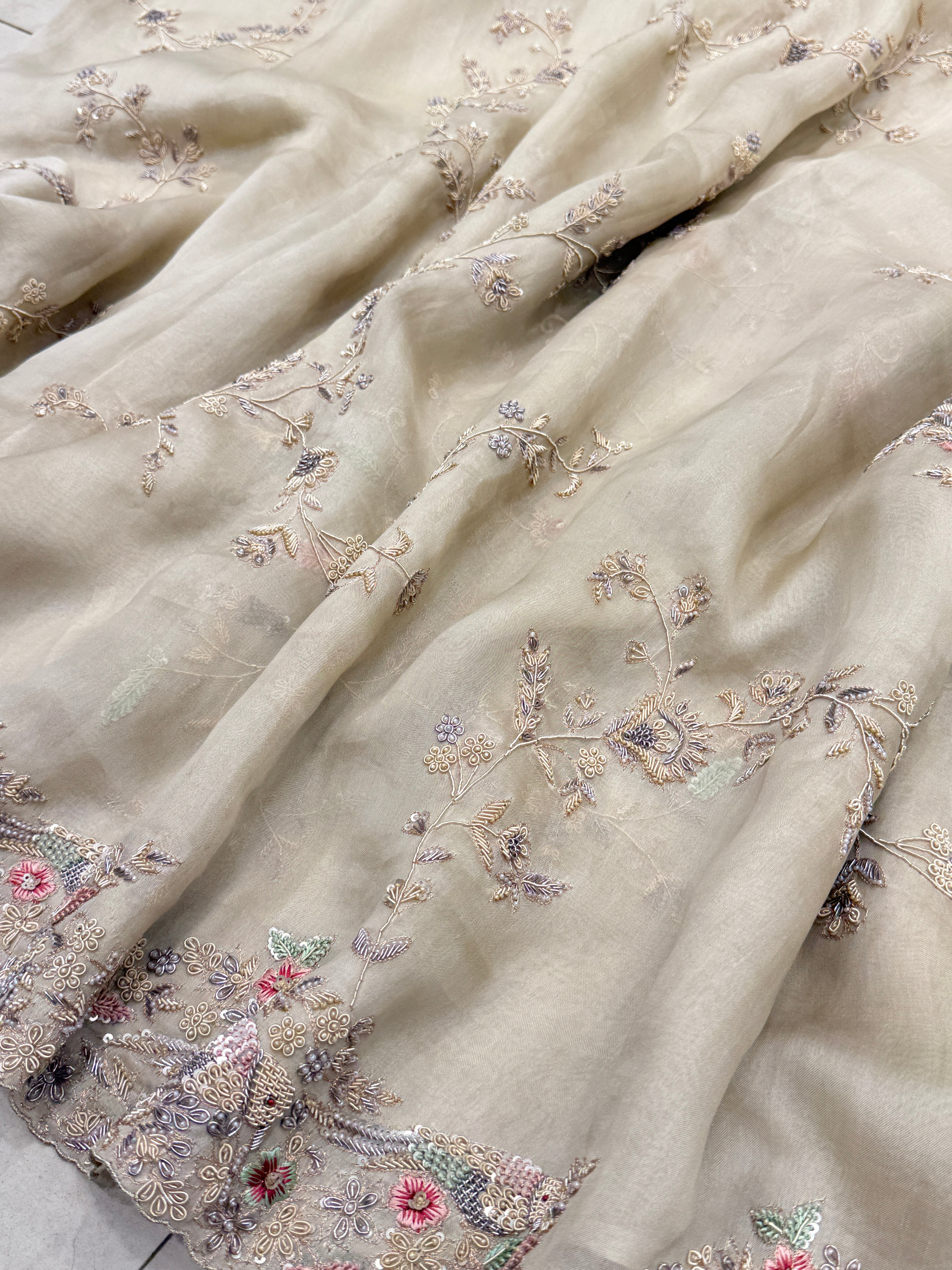 Pearl white Organza Zardosi Jaal Hand Embroidery Saree