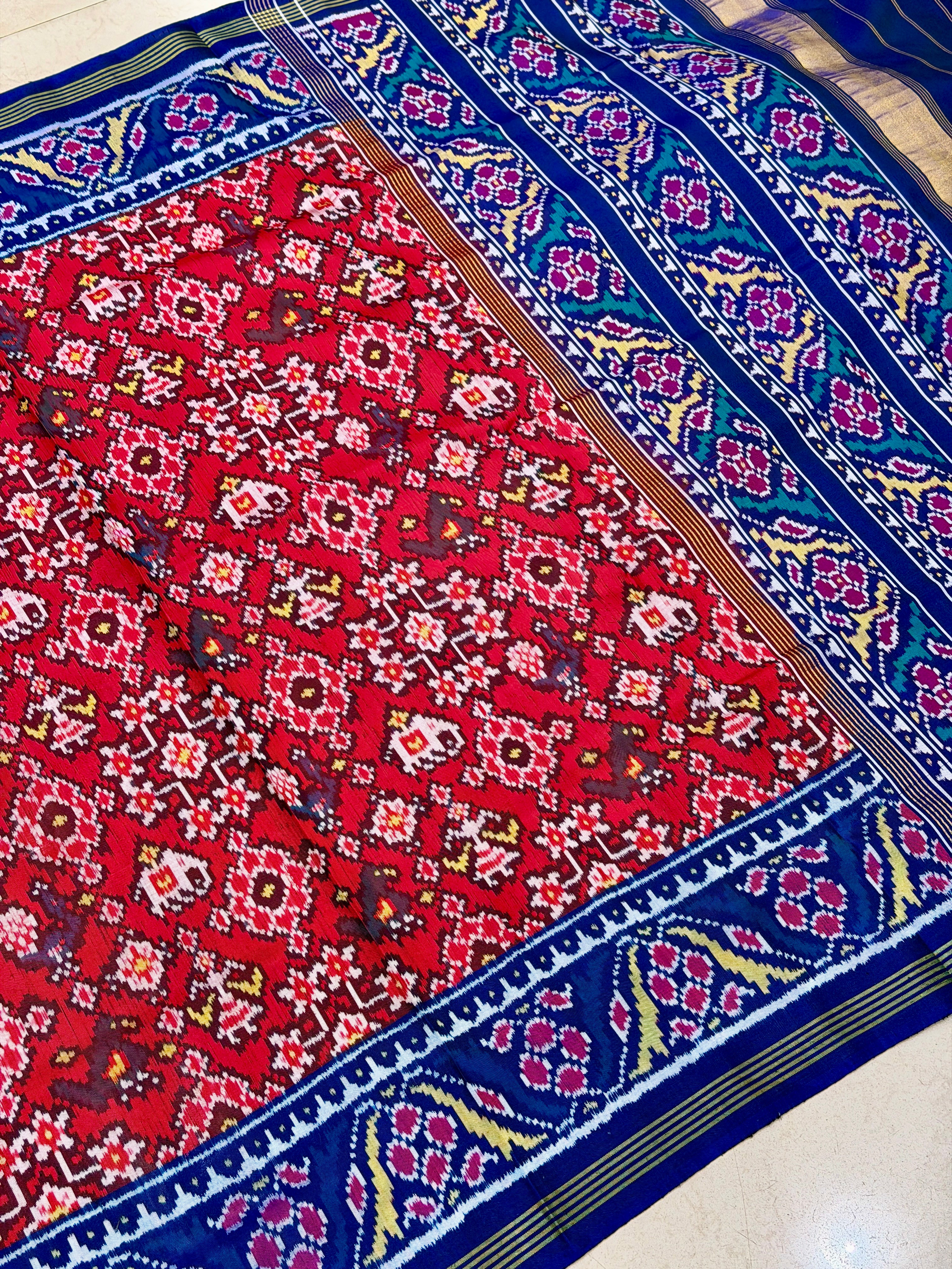Red Blue Manek Chowk Pure Silk Handloom Patola Saree