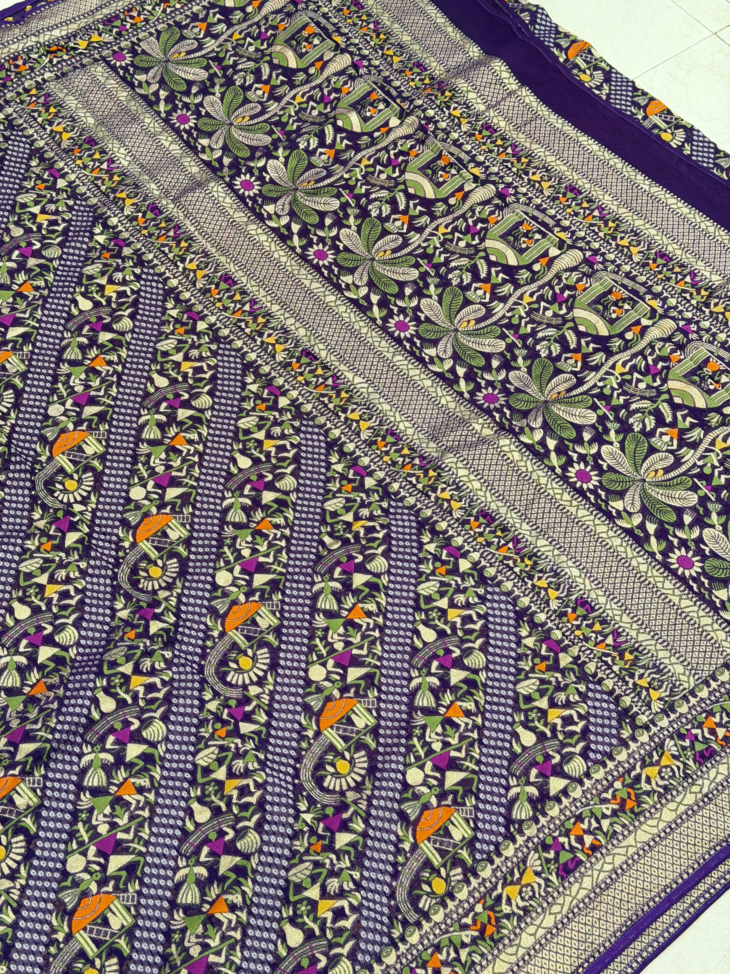 Violet Warli Style Woven Bandhej Georgette Saree