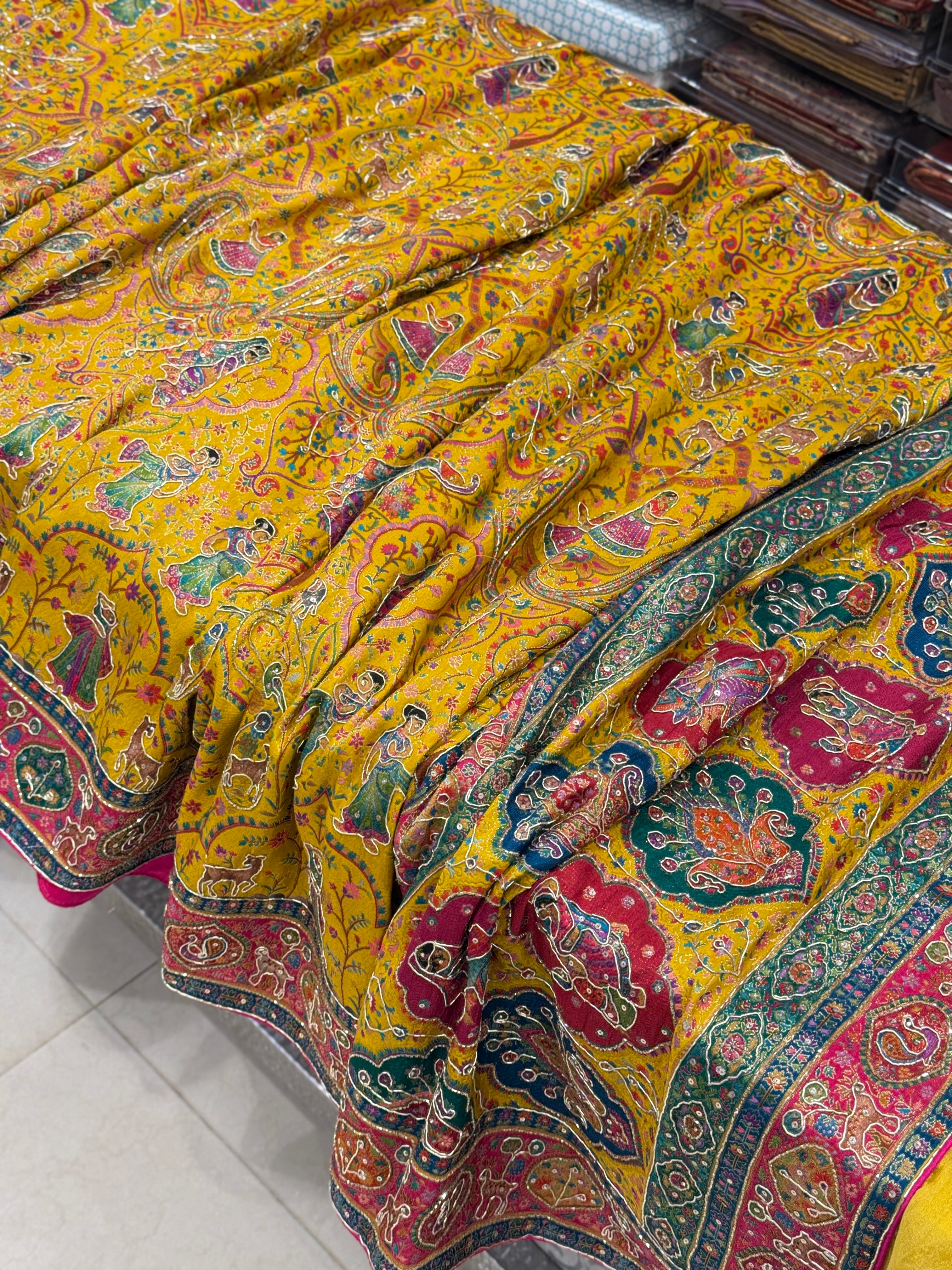 Yellow Pashmina Baluchari Style Hand Embroidery Saree