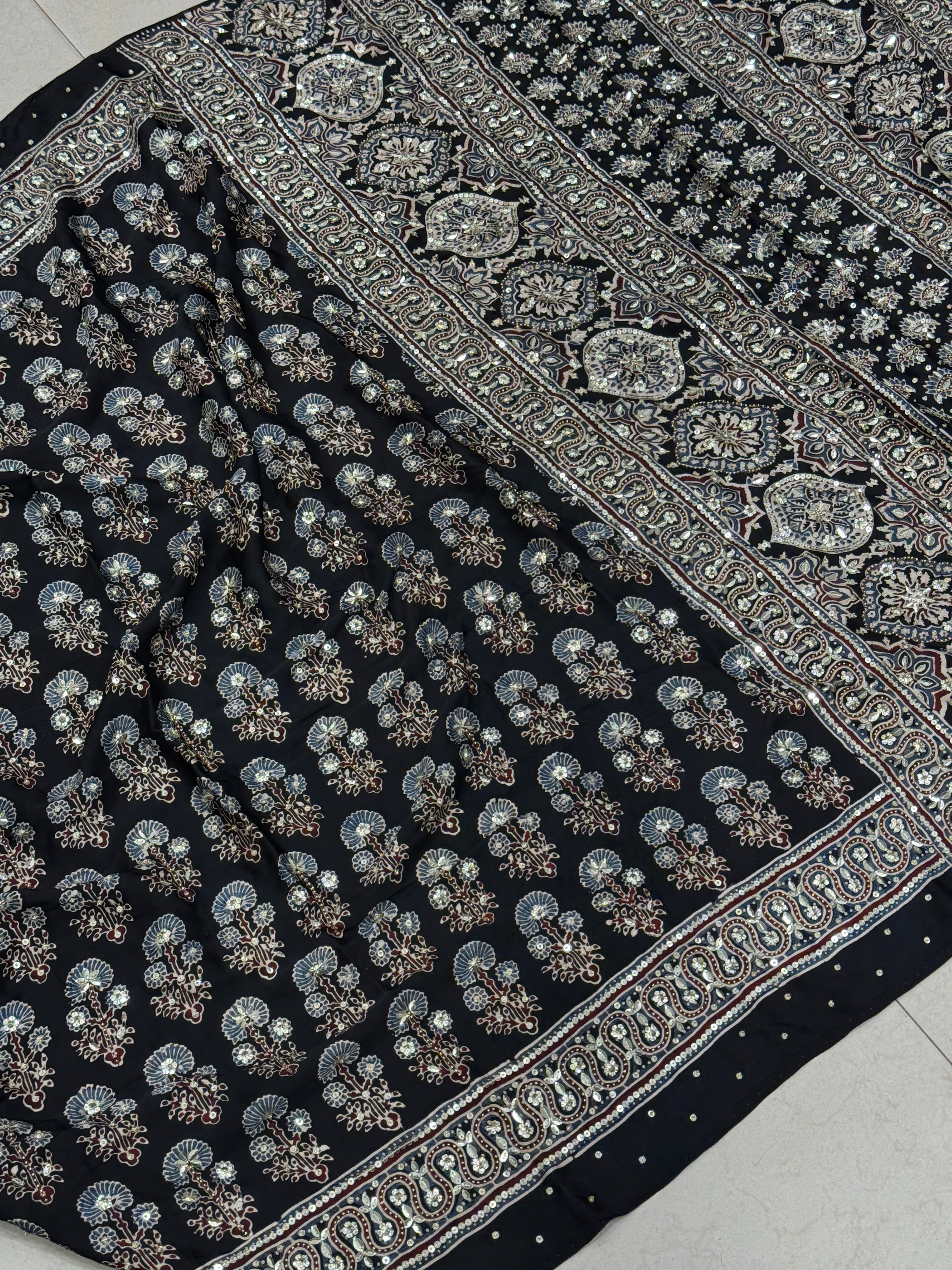 Black Floral Buttas Sequin Ajrakh Hand Embroidery Saree