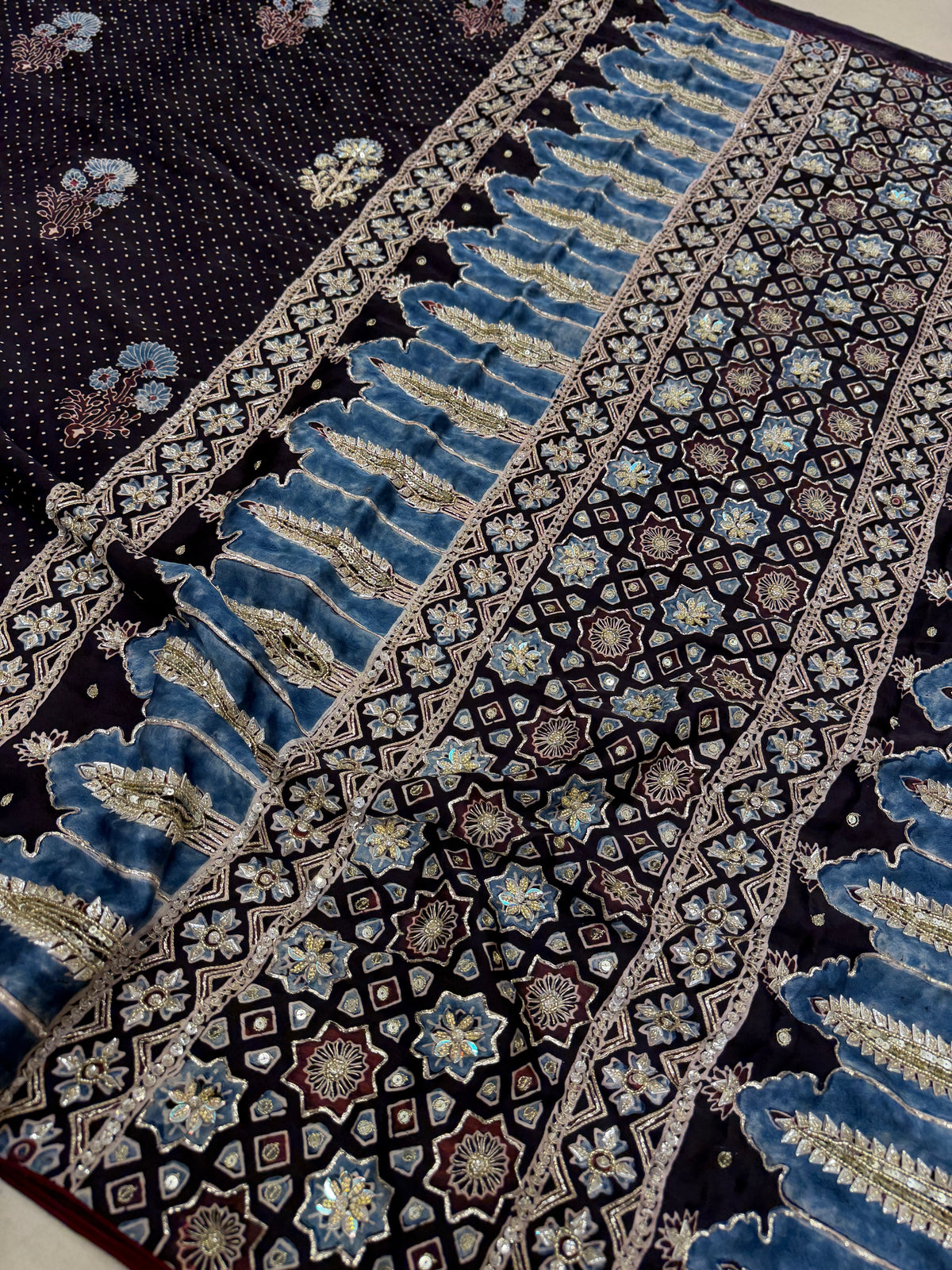 Black Buttas Pita Zardosi Sequin Ajrakh Hand Embroidery Saree