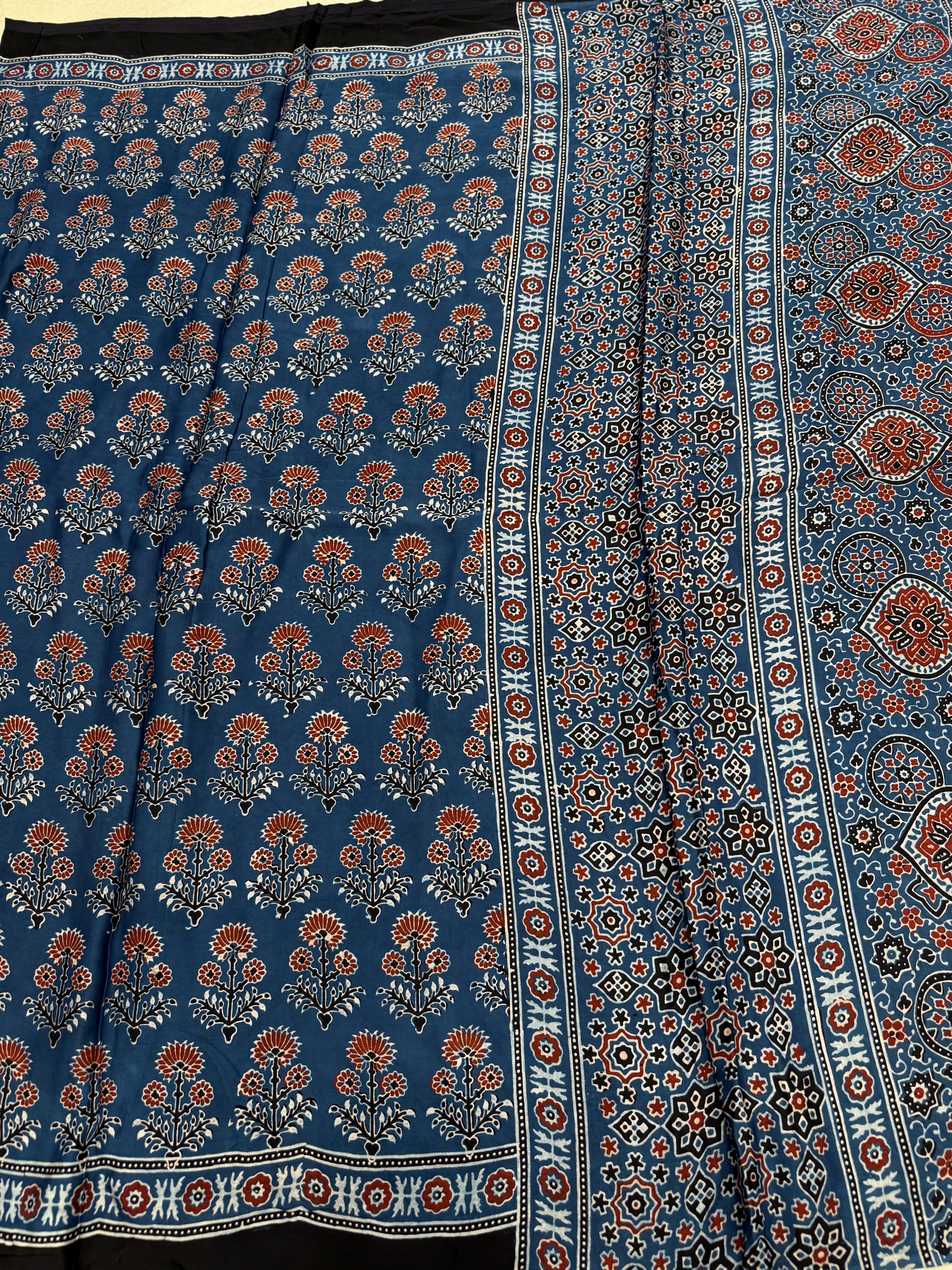 Blue Buttas Ajrakh Hand Block Print Pure Gajji Silk Saree