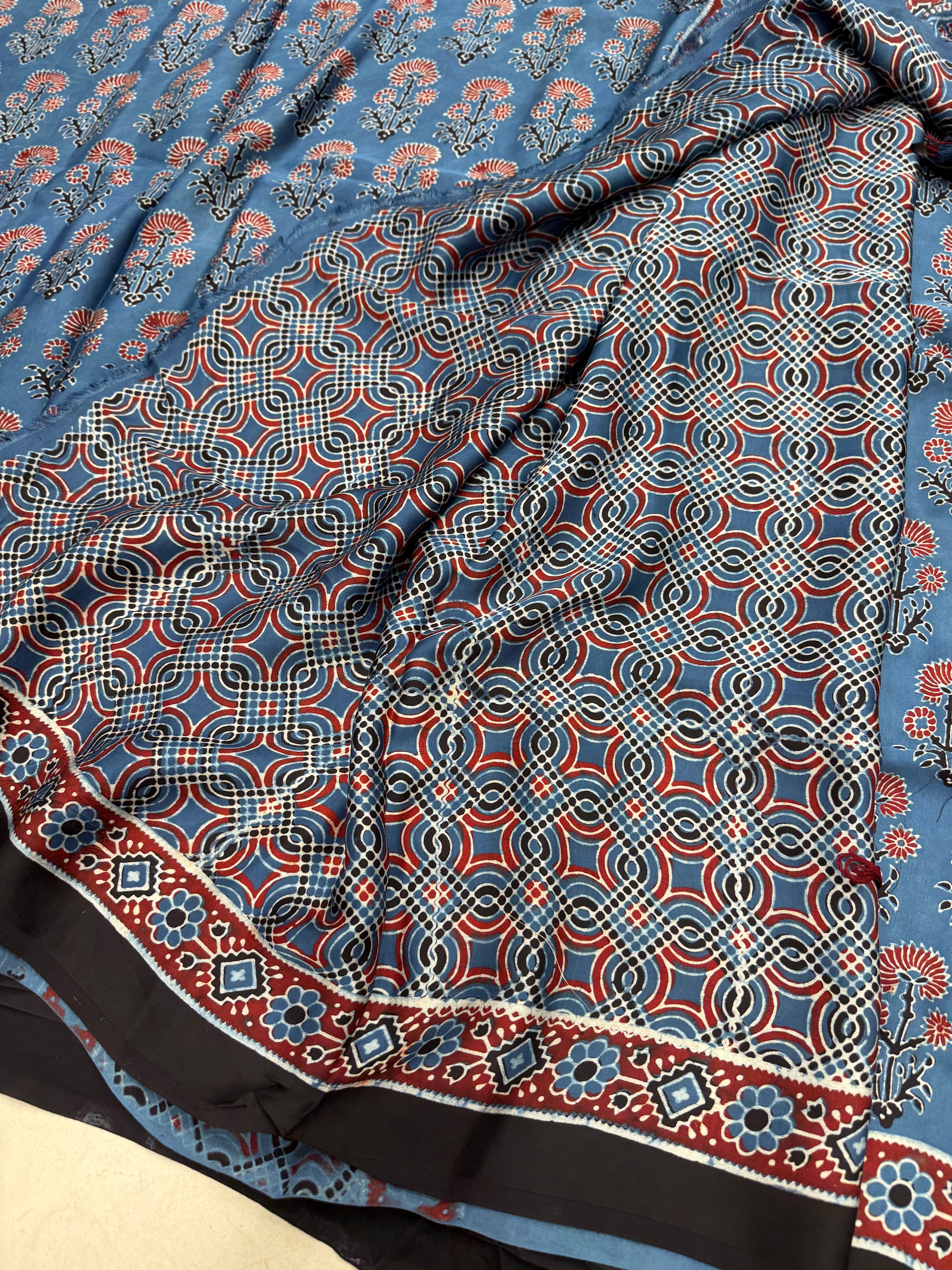 Blue Buttas Ajrakh Hand Block Print Pure Gajji Silk Saree