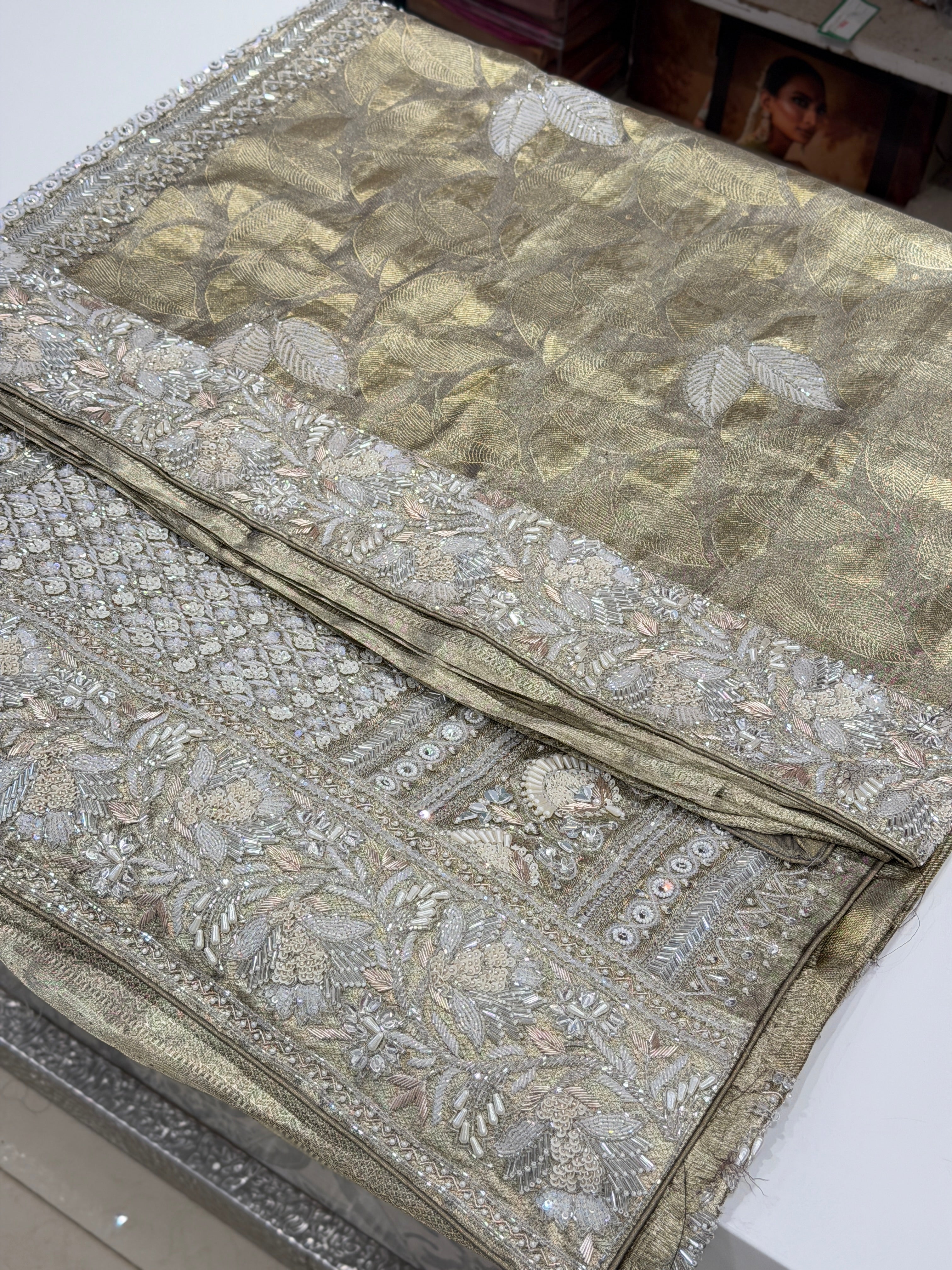 Champagne Contemporary Kanjivaram Hand Embroidery Zardosi Saree