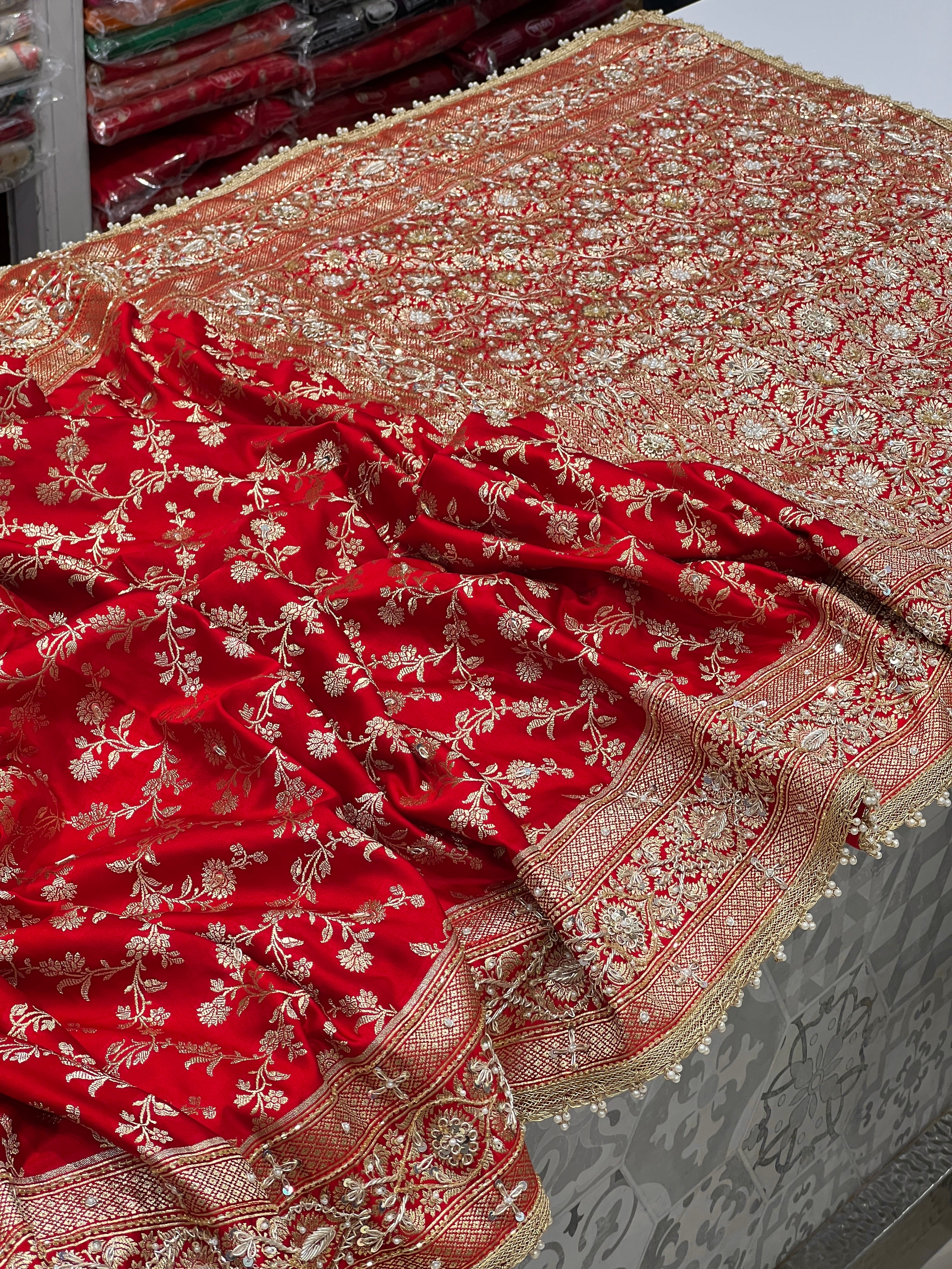 Red Banarasi Silk Flower Border Zardosi Hand Embroidery Saree