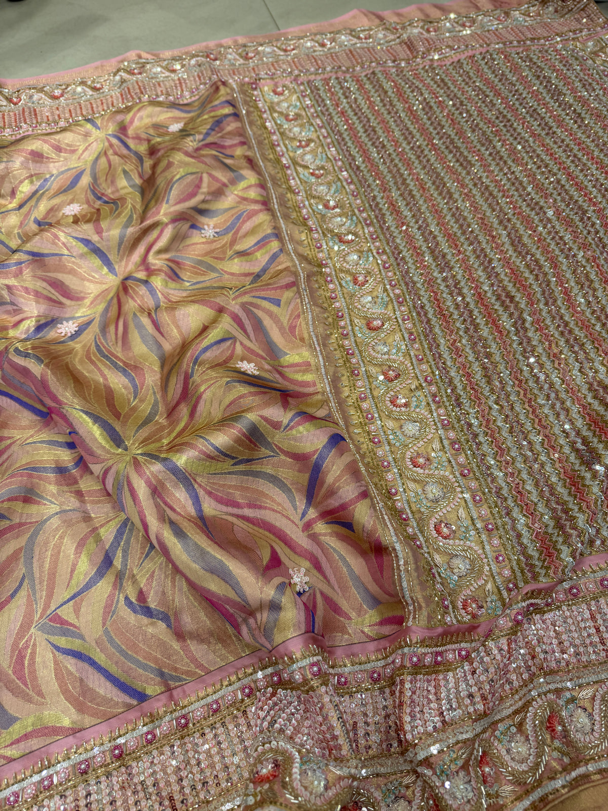 Pink Rangkat Kanjivaram Moti Zardosi Hand Embroidery Saree