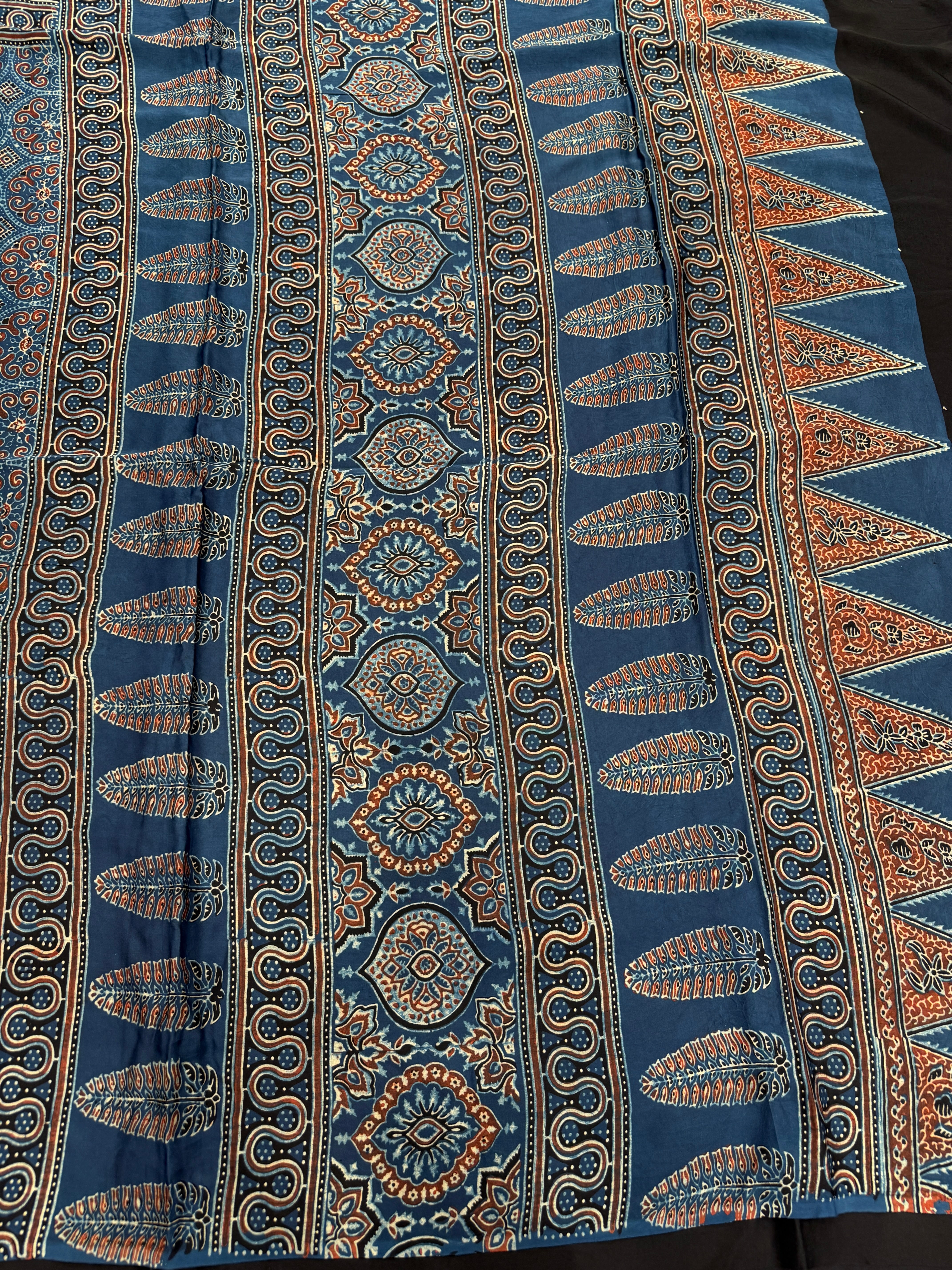 Blue Gol Jaal Ajrakh Hand Block Print Pure Gajji Silk Saree