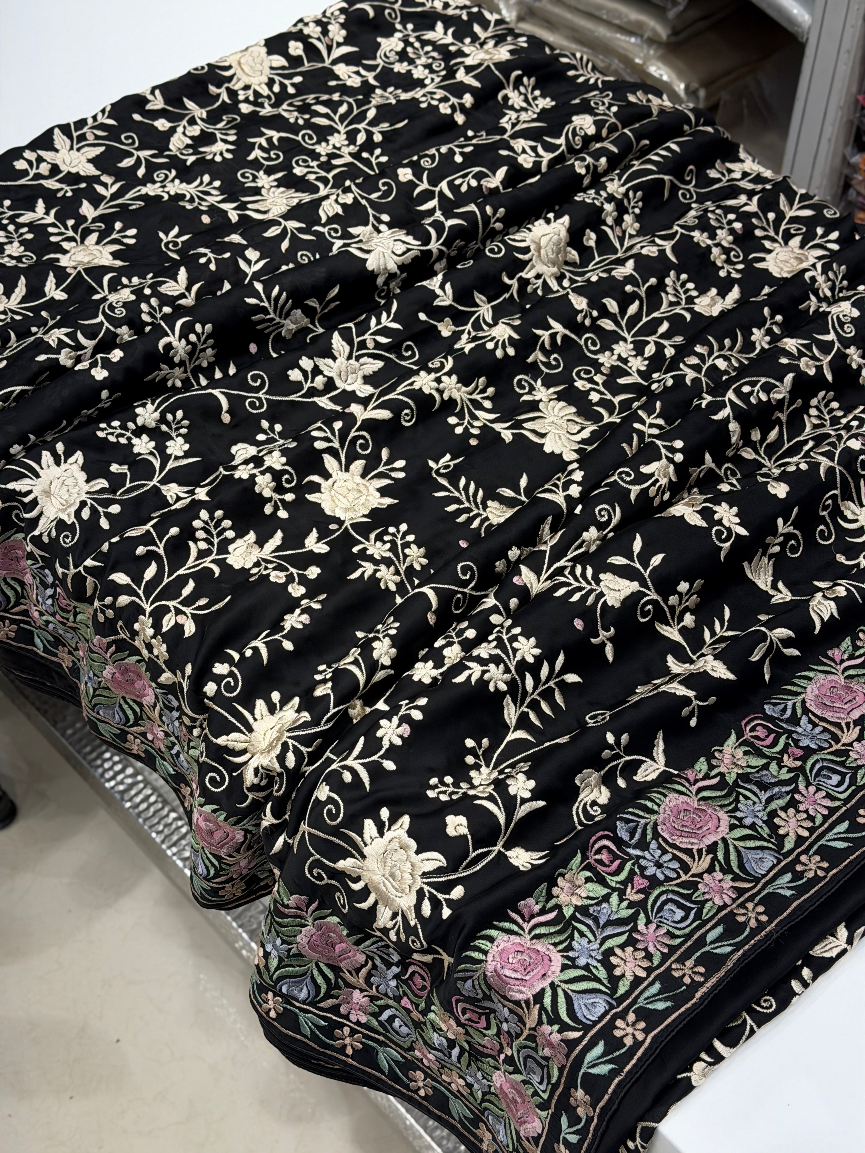 Black Crepe Floral Multi Resham Border Parsi Gara Saree