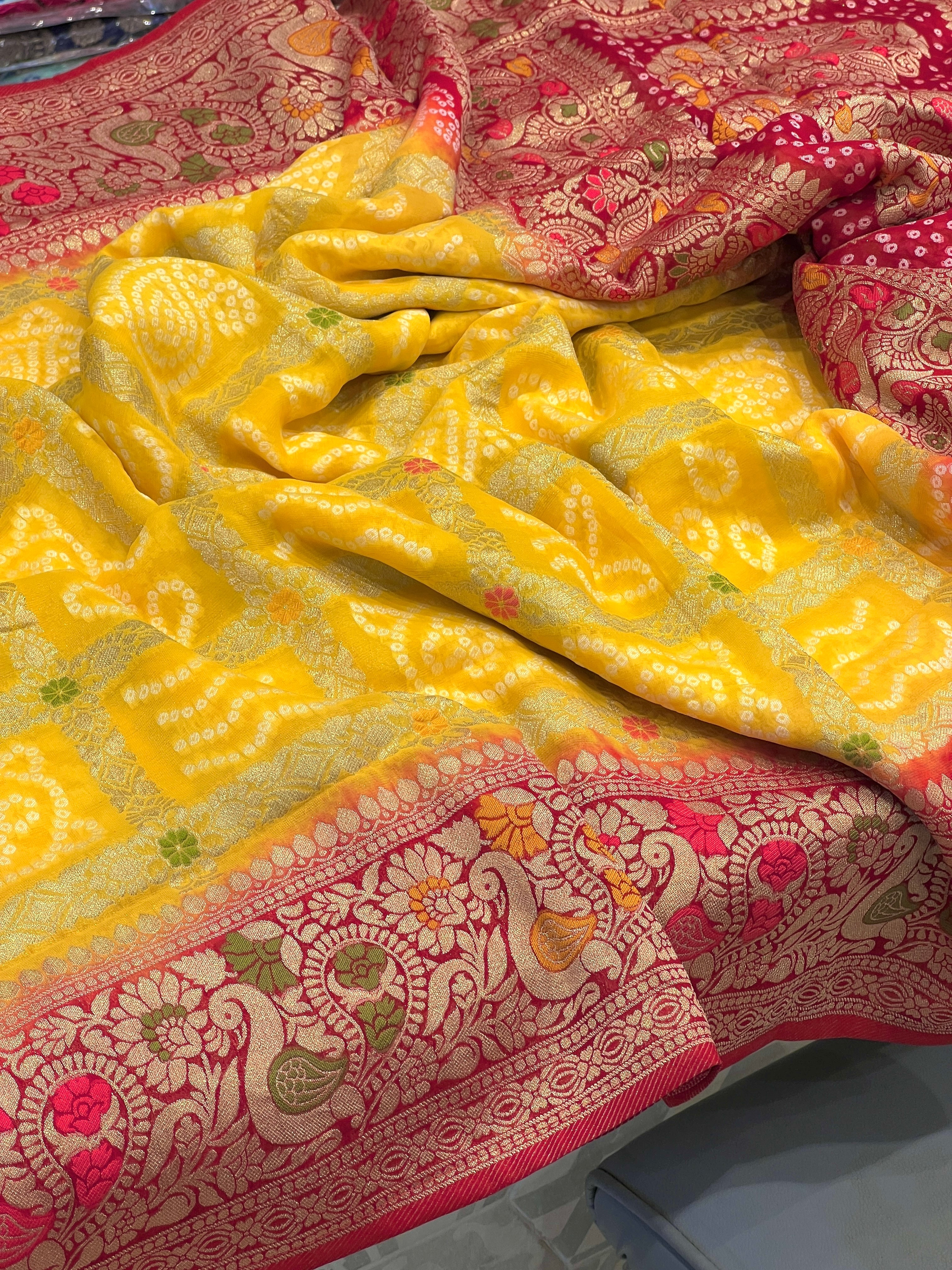 Yellow Red Gharchola Saree