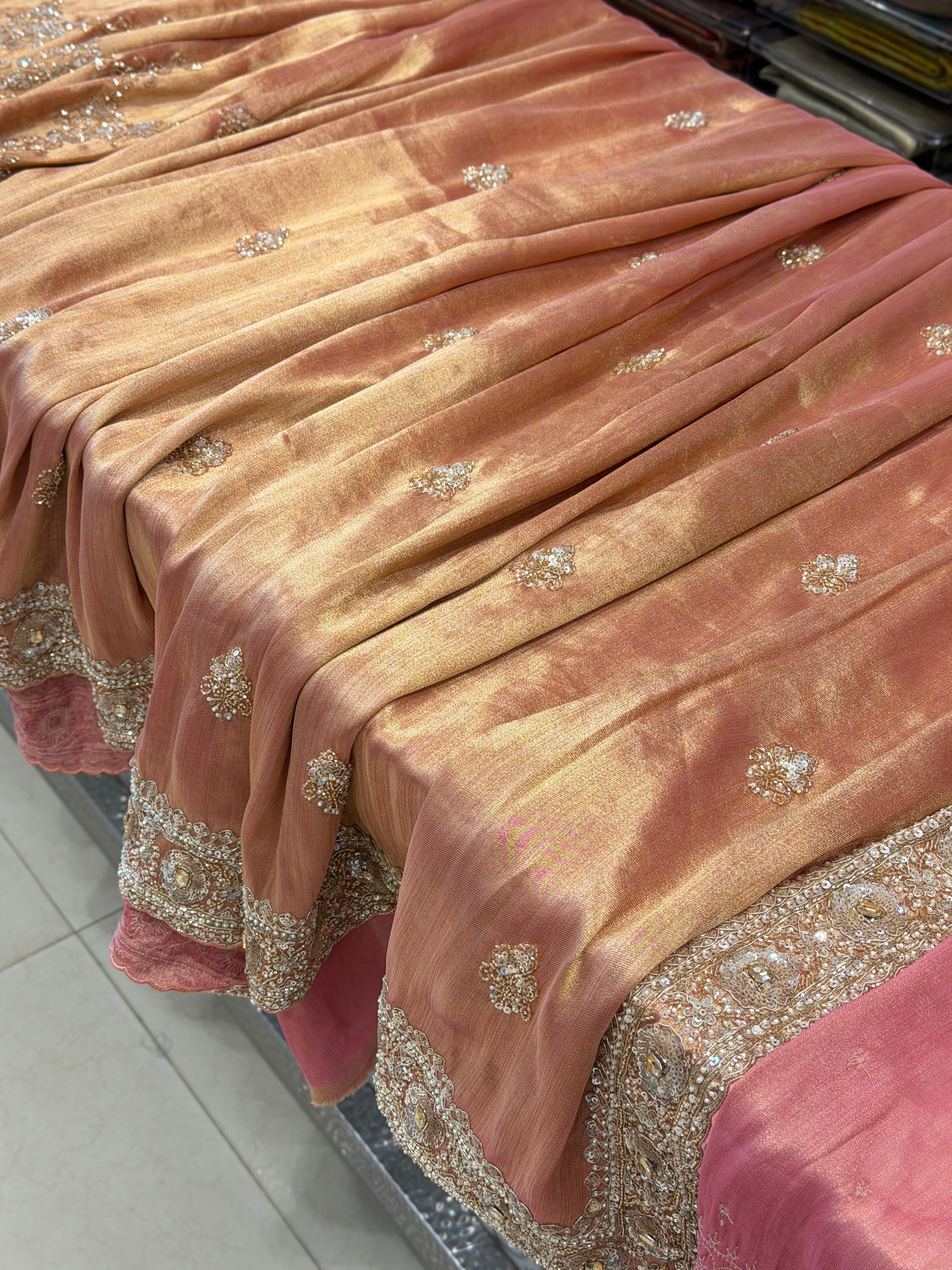 Pink Tissue Half and Half Embroidery Butta Jaal Saree
