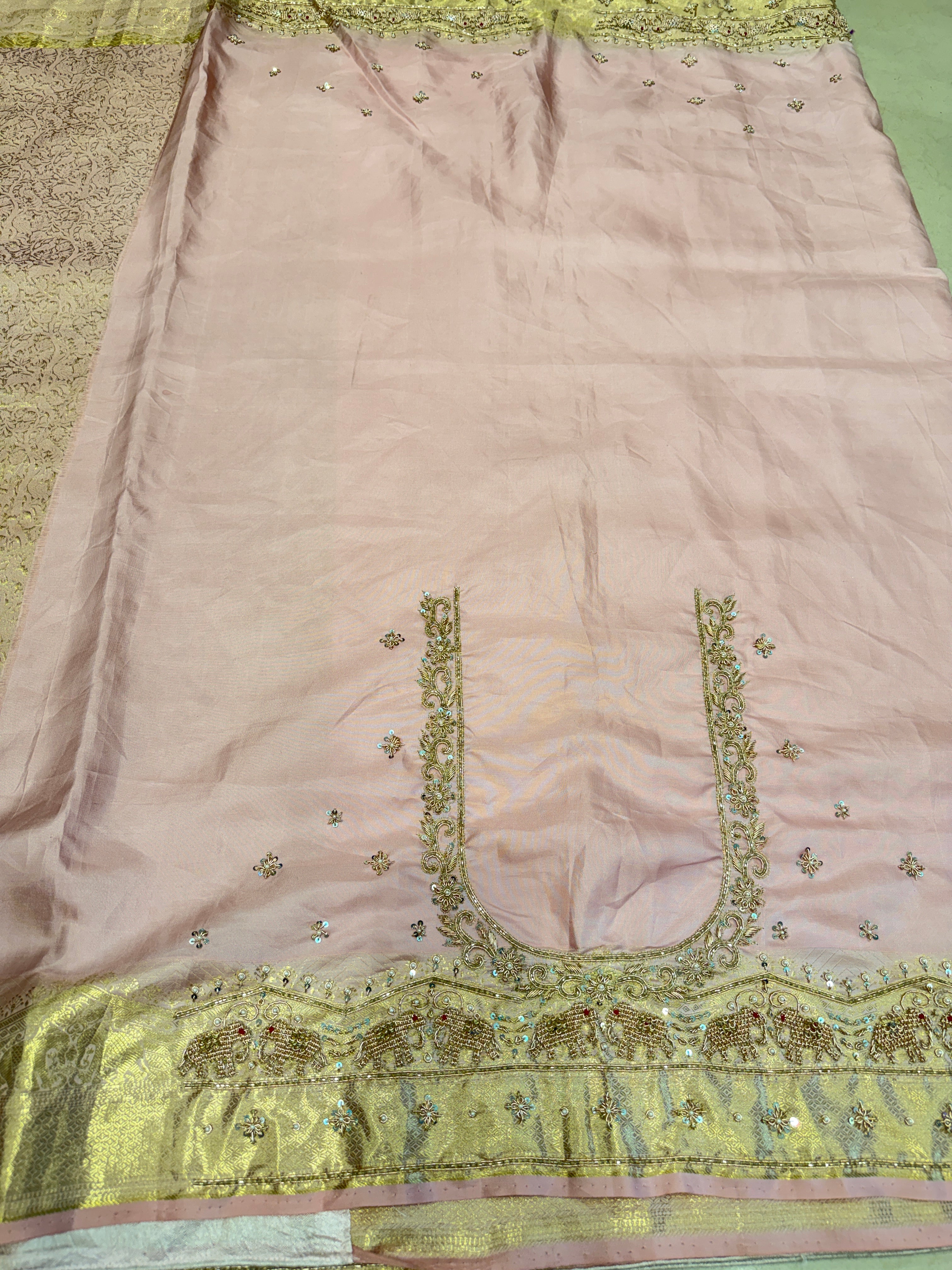 Light Pink Kanjivaram Elephant Motif Jaal Zardozi Hand Embroidery Saree
