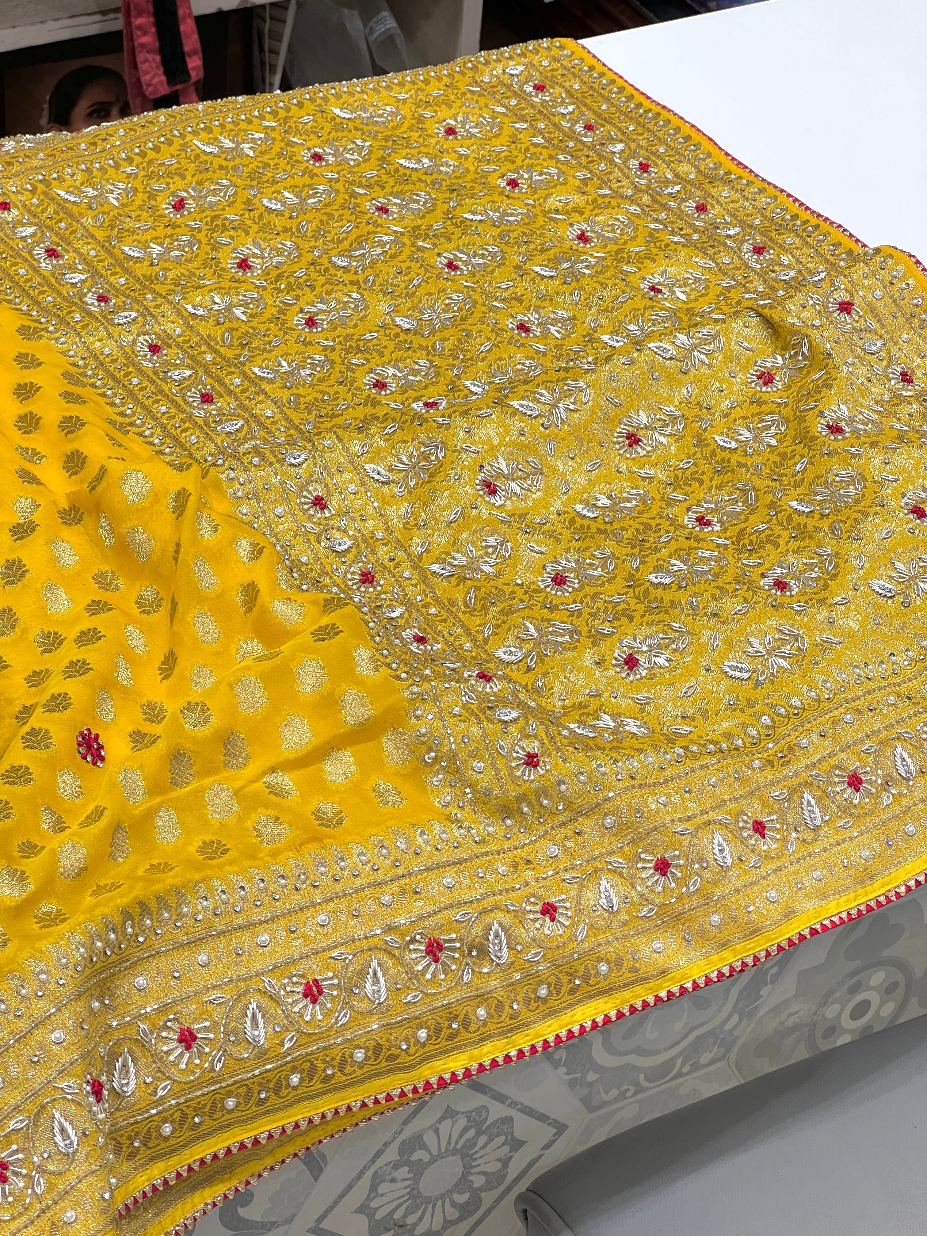 Yellow Georgette Butti Zardozi Resham Embroidery Saree