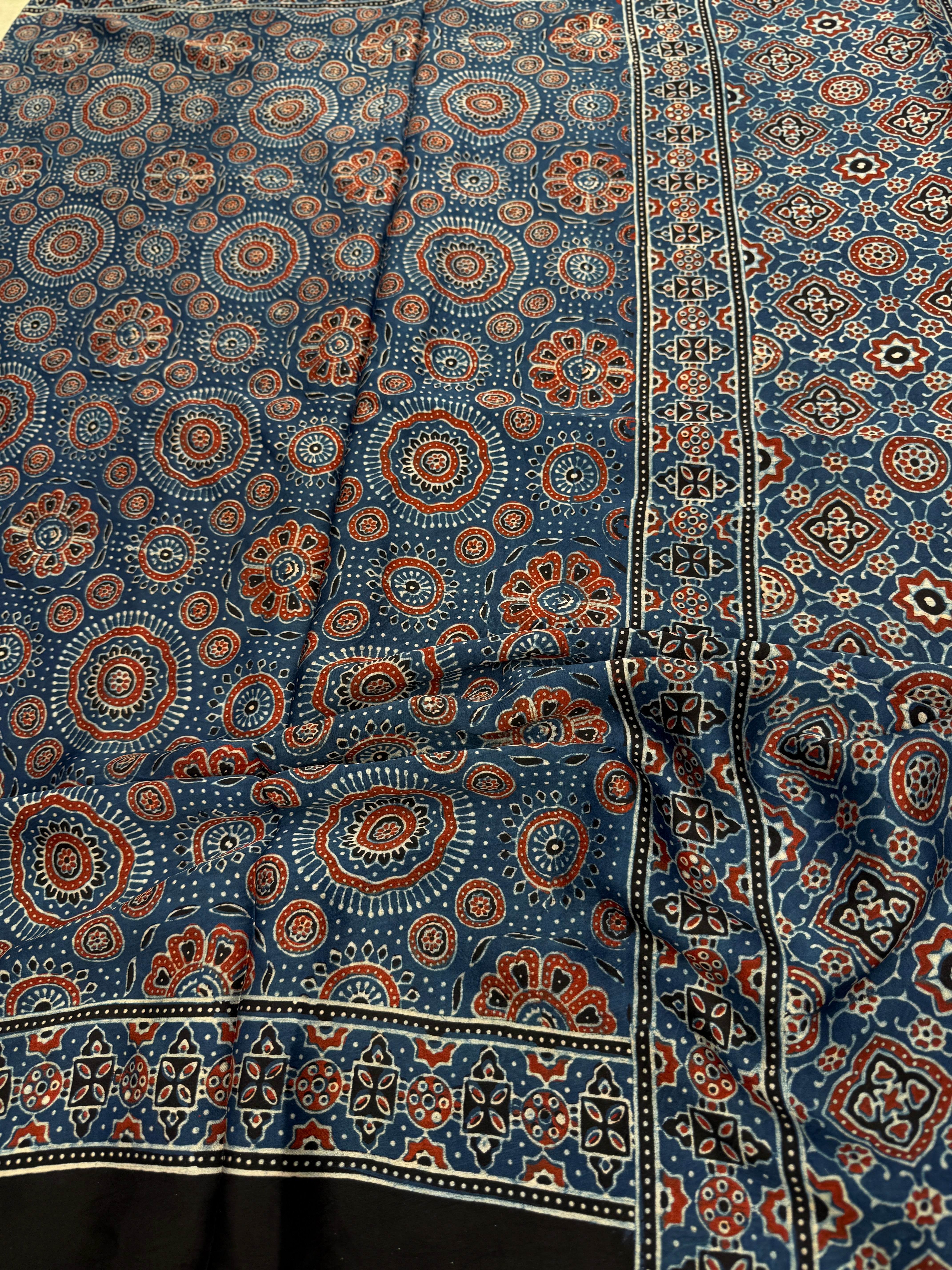 Blue Jewelled Jaal Ajrakh Modal Gajji Silk Saree