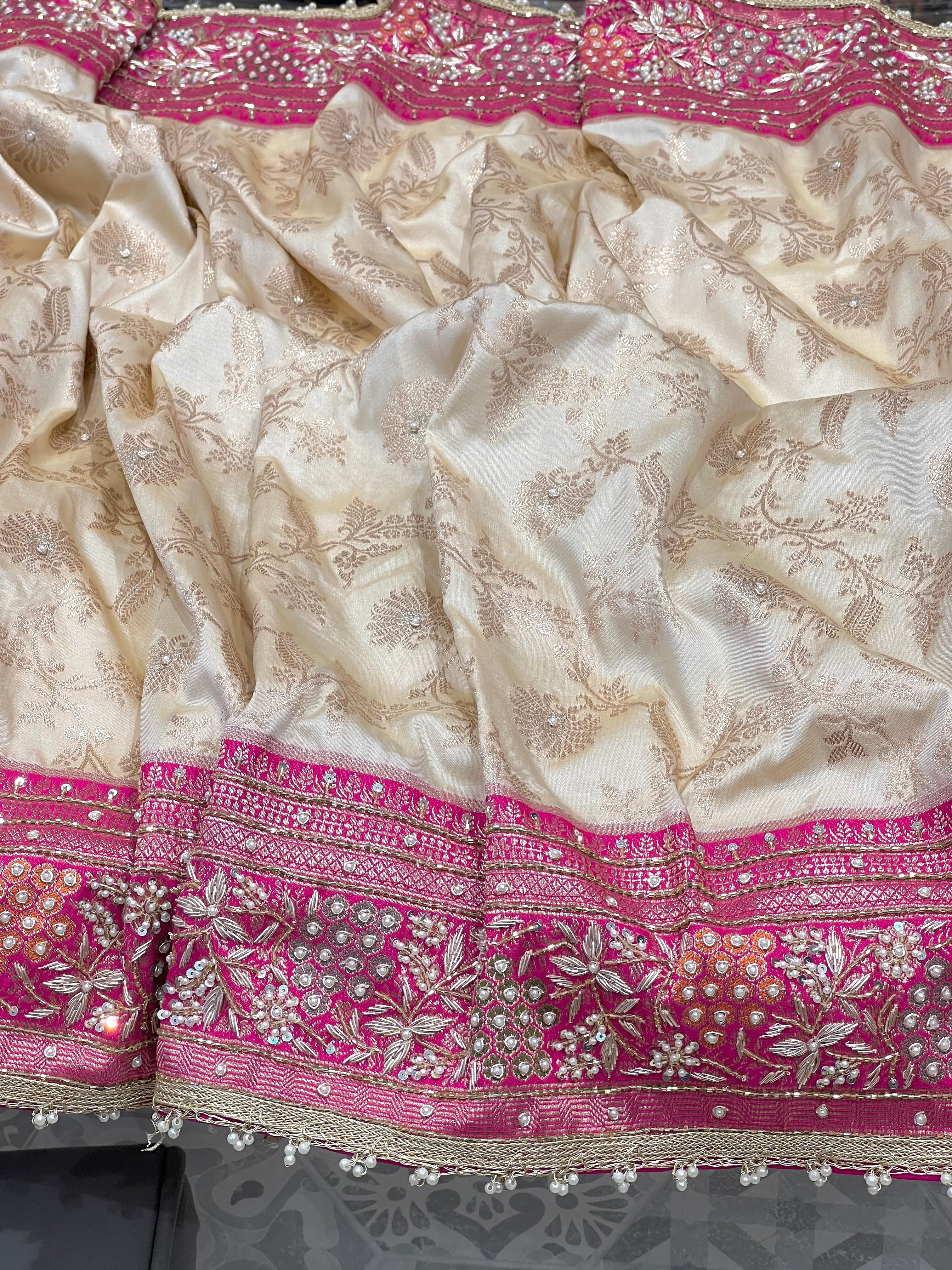 Beige Banarasi Rani Border Hand Embroidery Saree