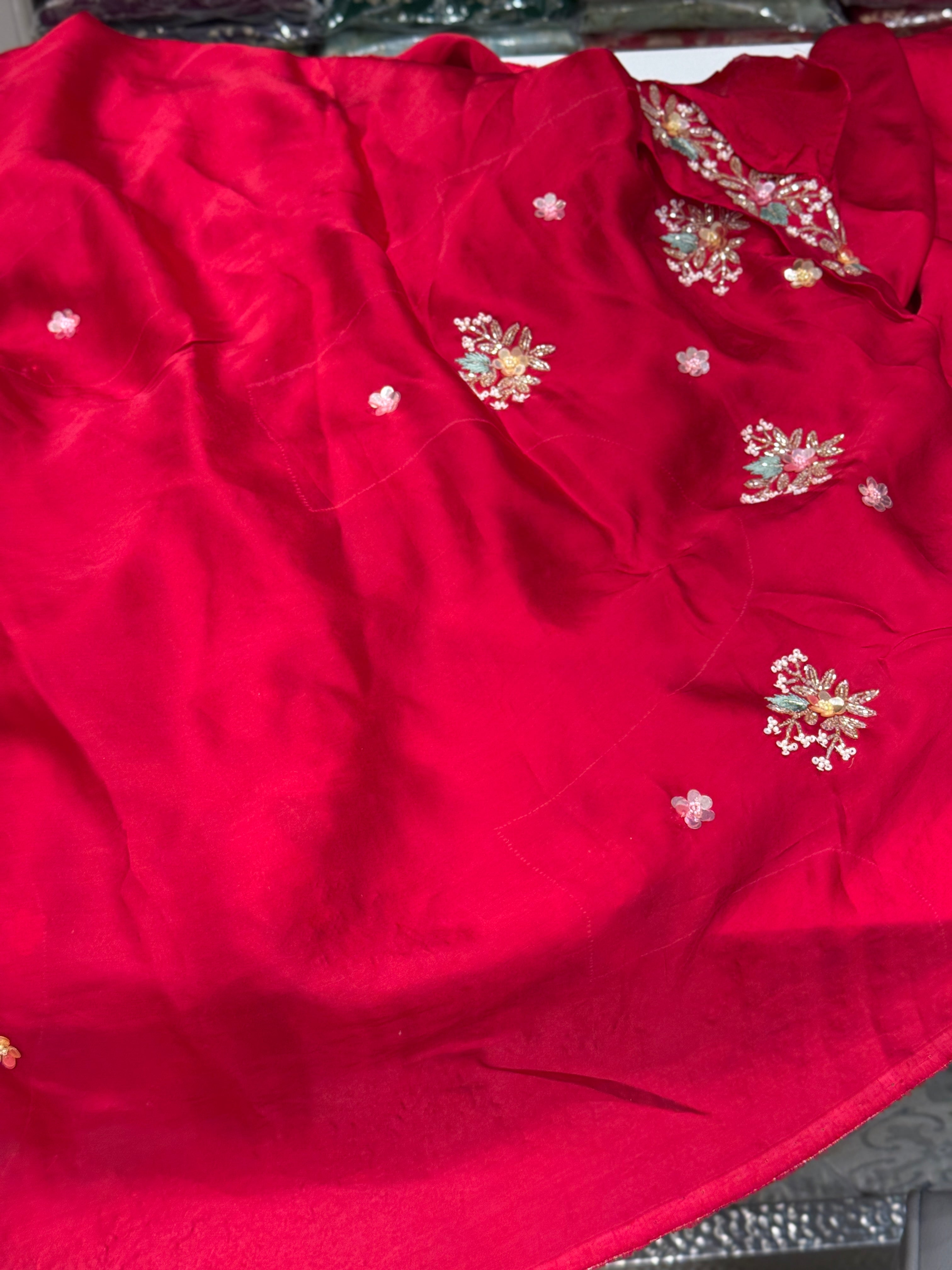 Red Satin Multi Colour Sequin Hand Embroidery Saree