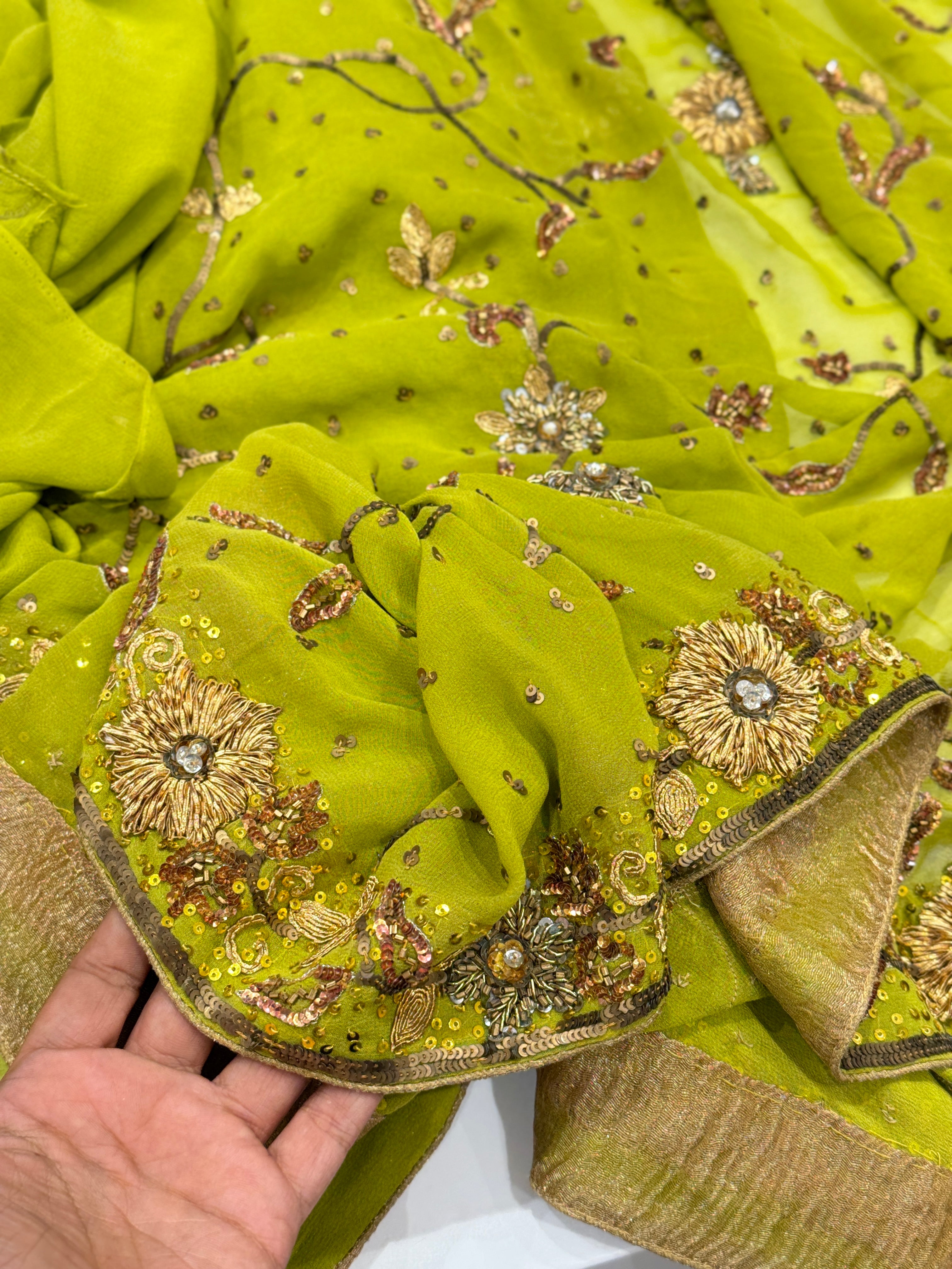 Green Georgette Antique Zardosi Hand Embroidery Saree