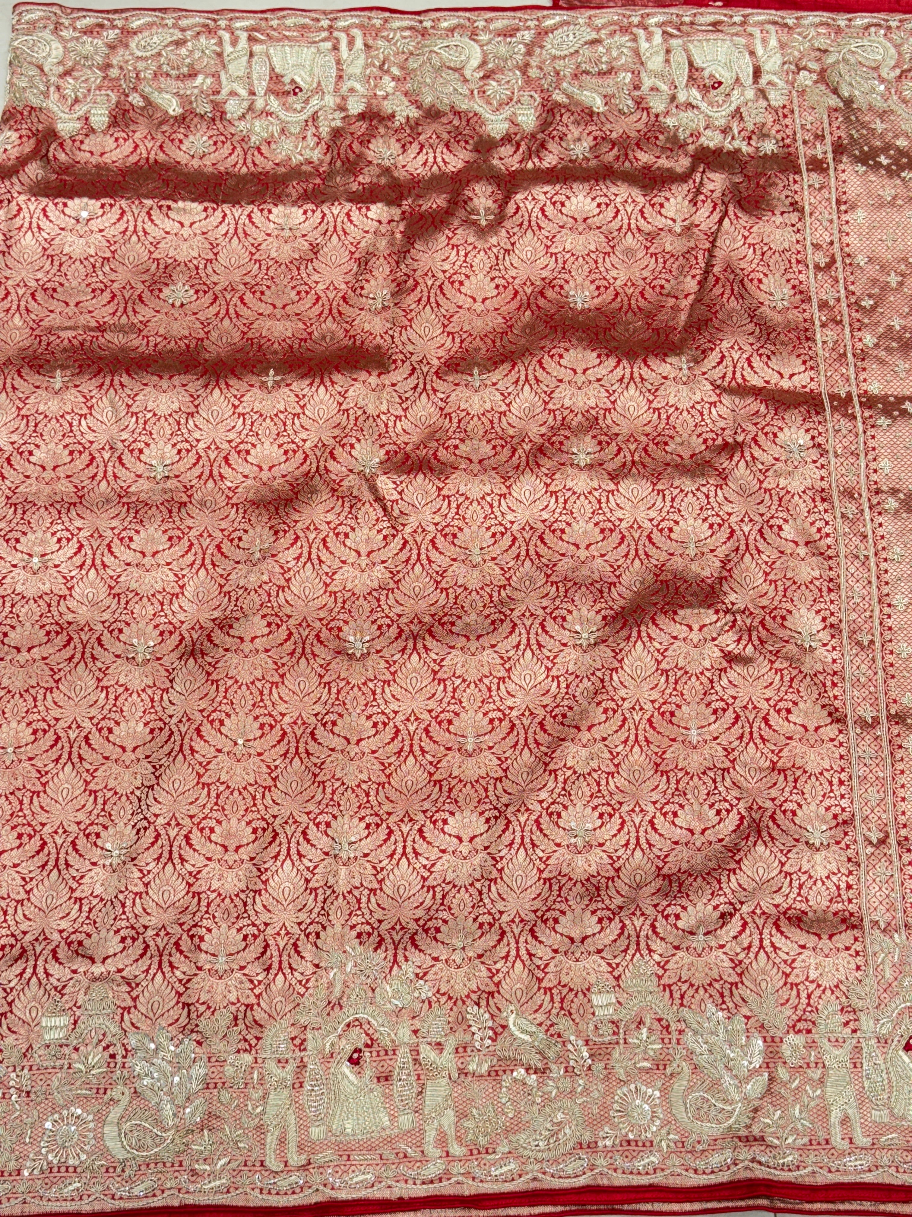 Red Banarasi Katan Doli Edit Zardosi Saree