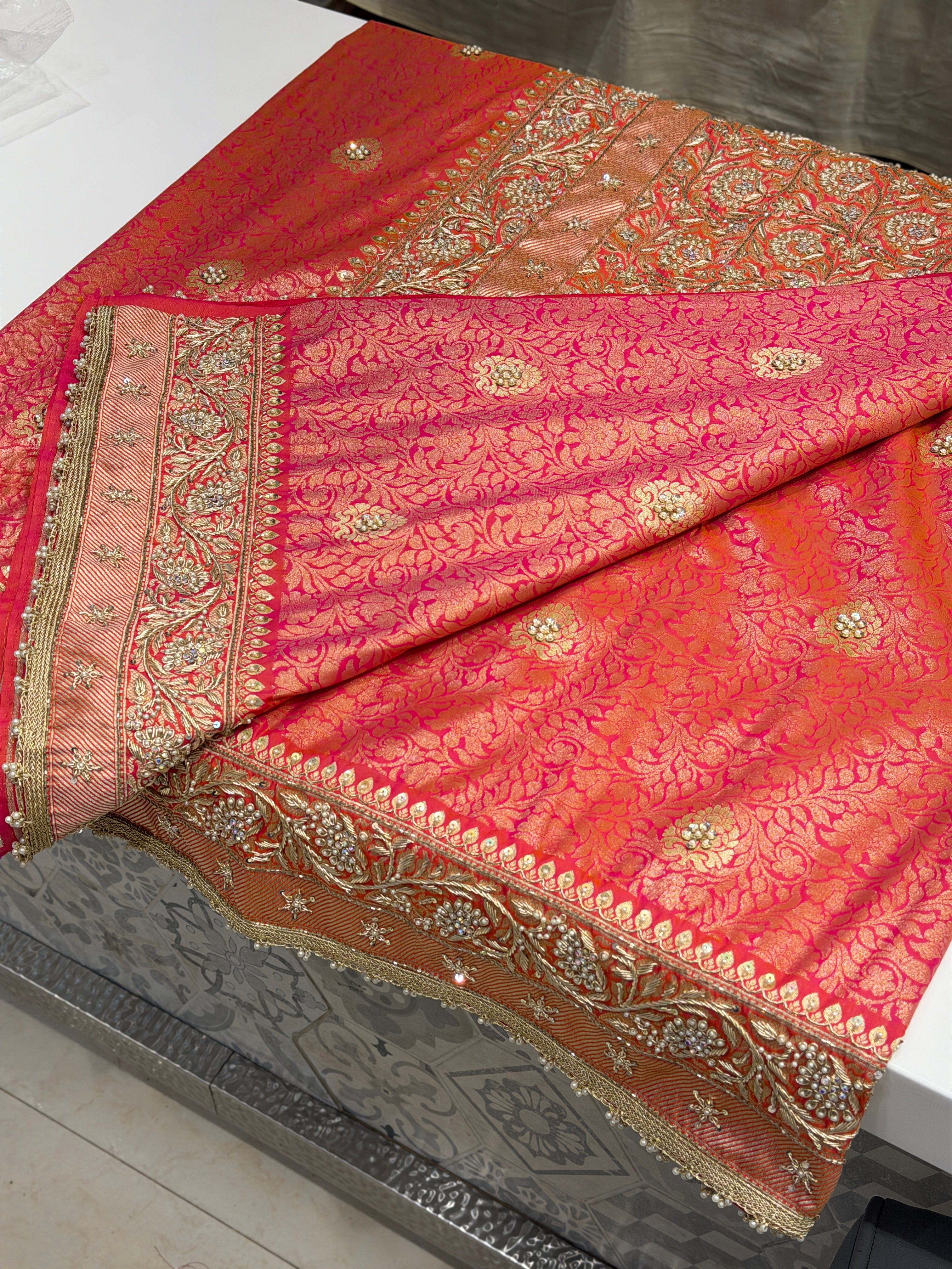 Rani Dhupchav Banarasi Zardosi Hand Embroidery Brocade Saree