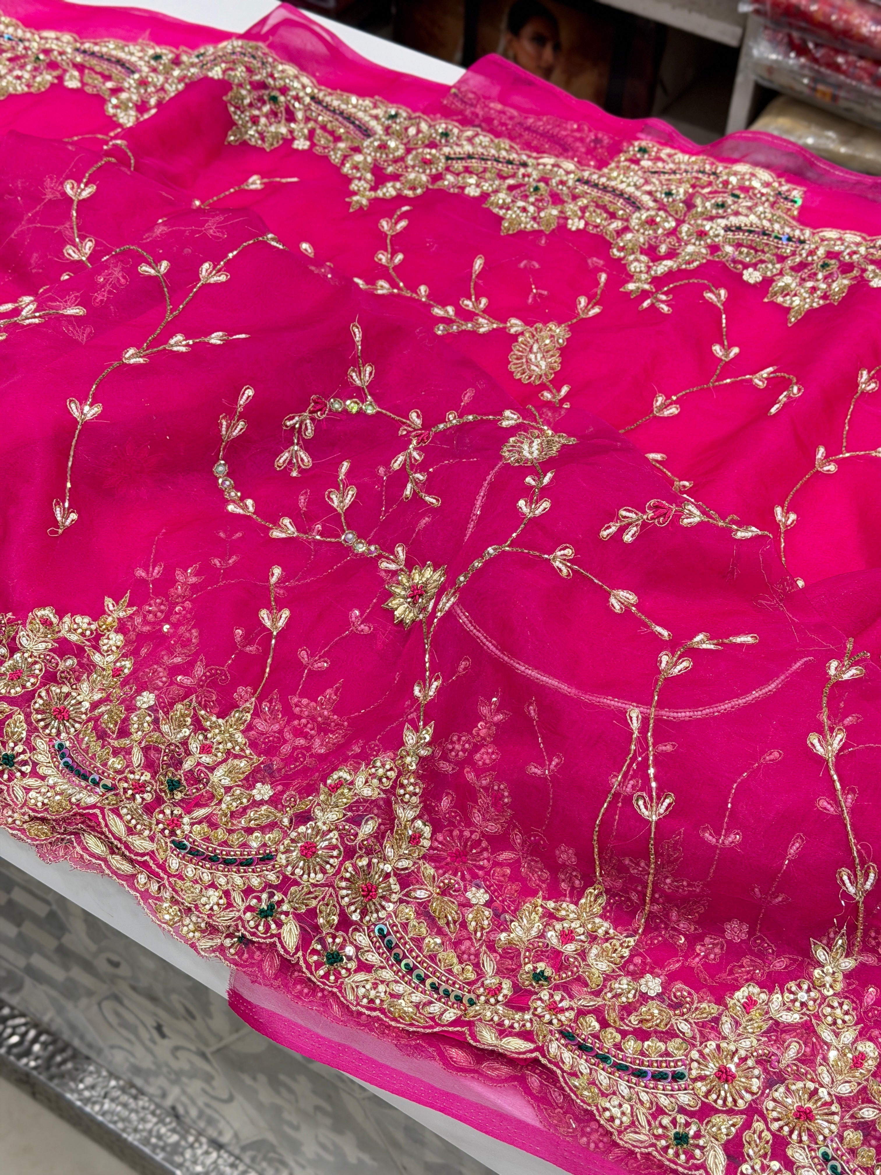 Rani Pink Organza Zardosi Resham Hand Embroidery Saree