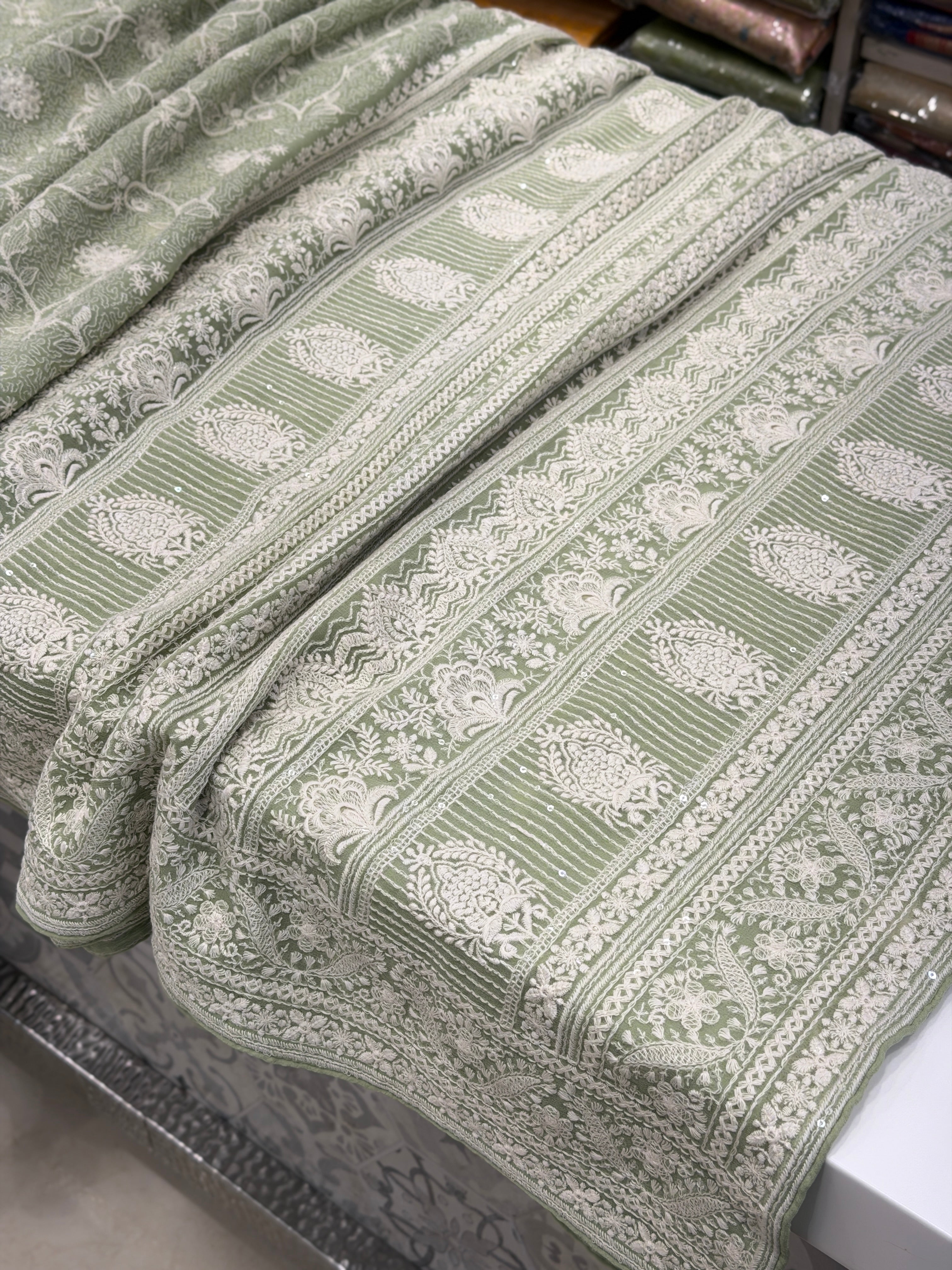 Pista Green Georgette Chikankari Line Jaal Resham Embroidery Saree
