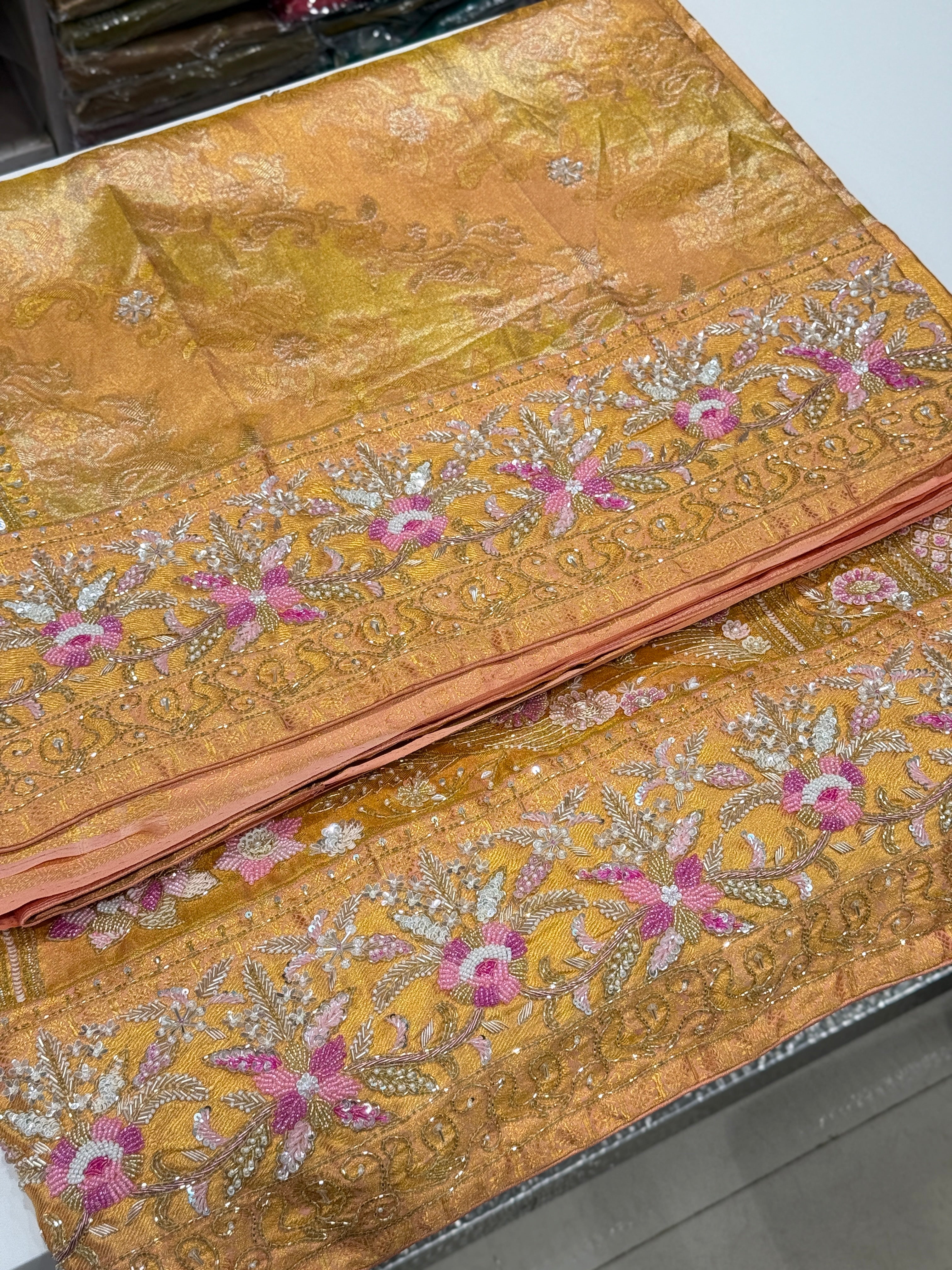 Gold Tissue Kanjivaram Rangkat Hand Embroidery Saree
