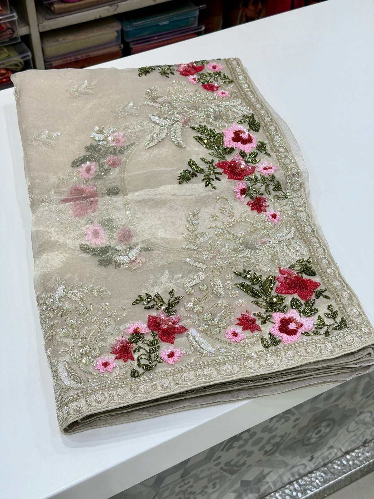 Silver Pure Tissue Silk Sequin Zardosi Three D Hand Embroidery Floral Border Saree