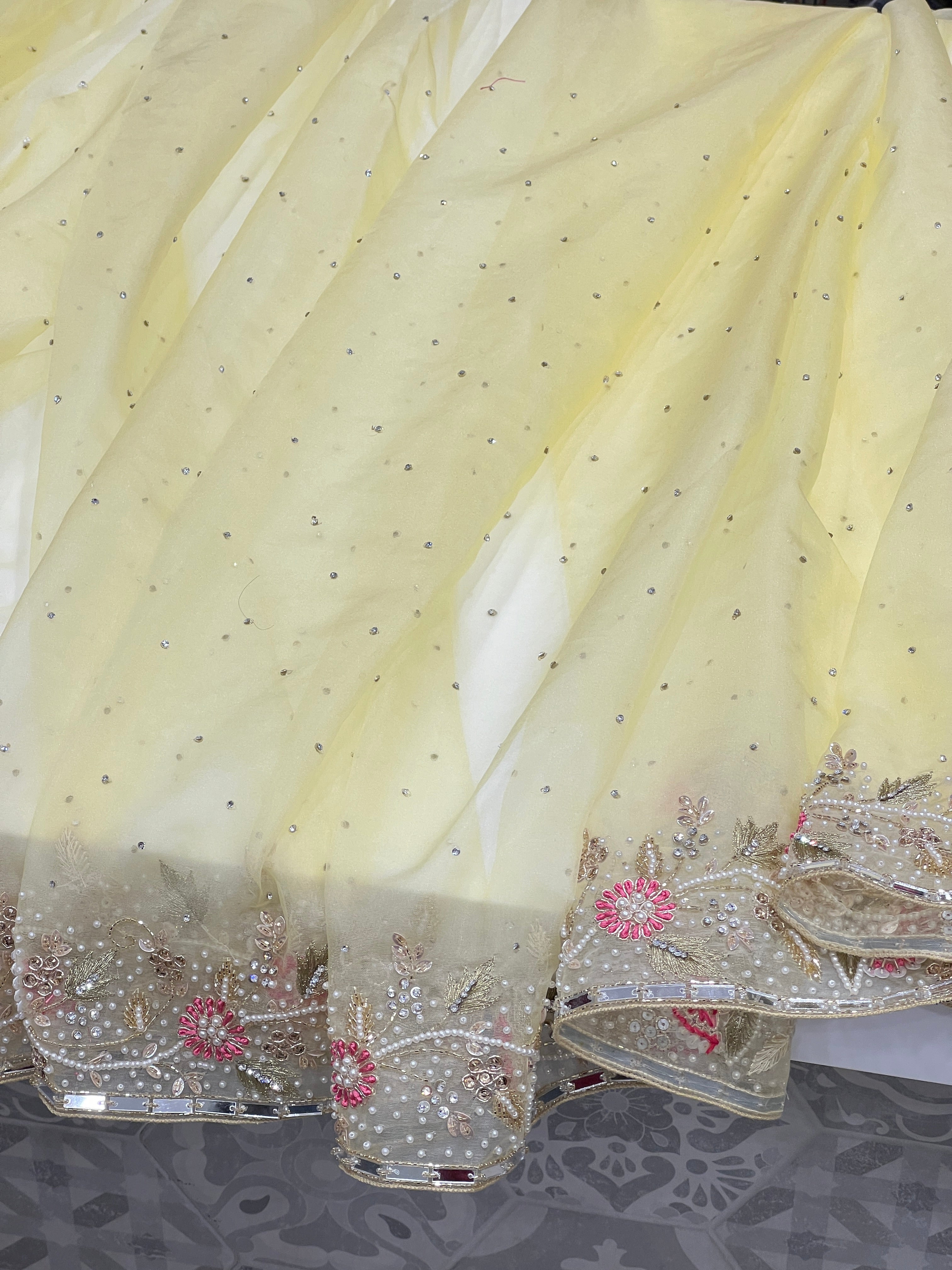 Light Lemon Yellow Organza Hand Embroidery Saree