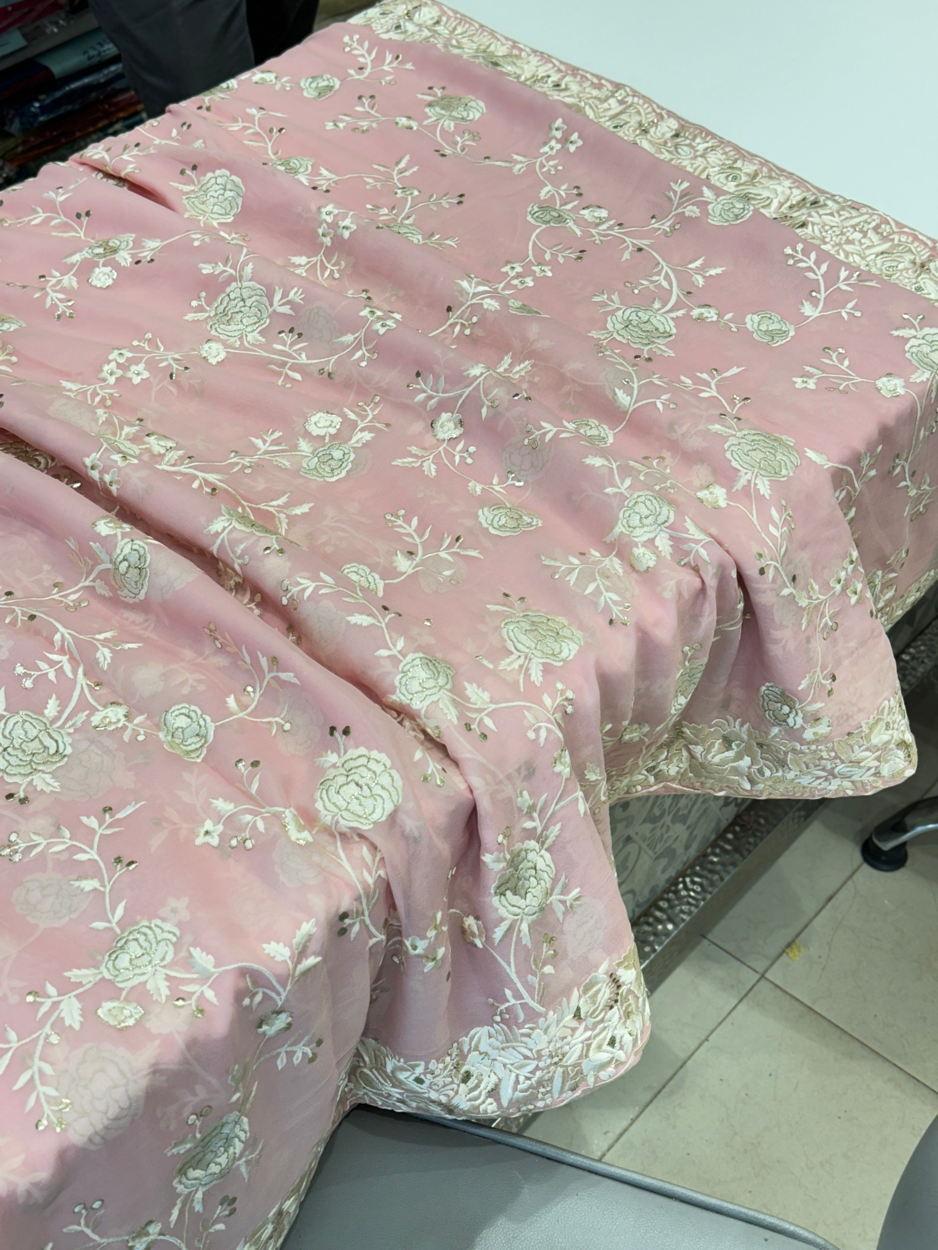 Pink Georgette Parsi Gara with Floral Embroidery