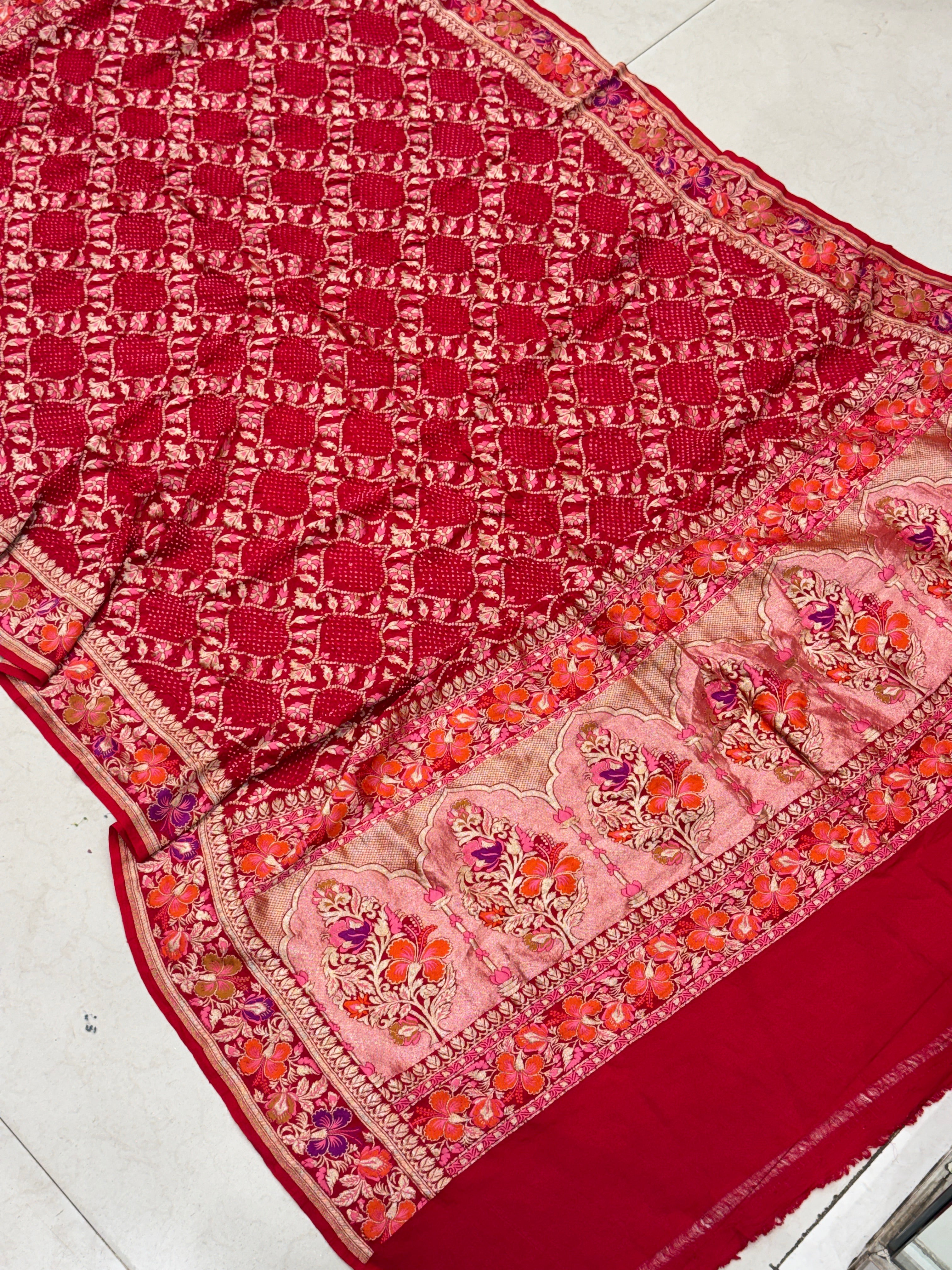 Red Meenakari Badam Jaal Rai Bandhej Georgette Dupatta