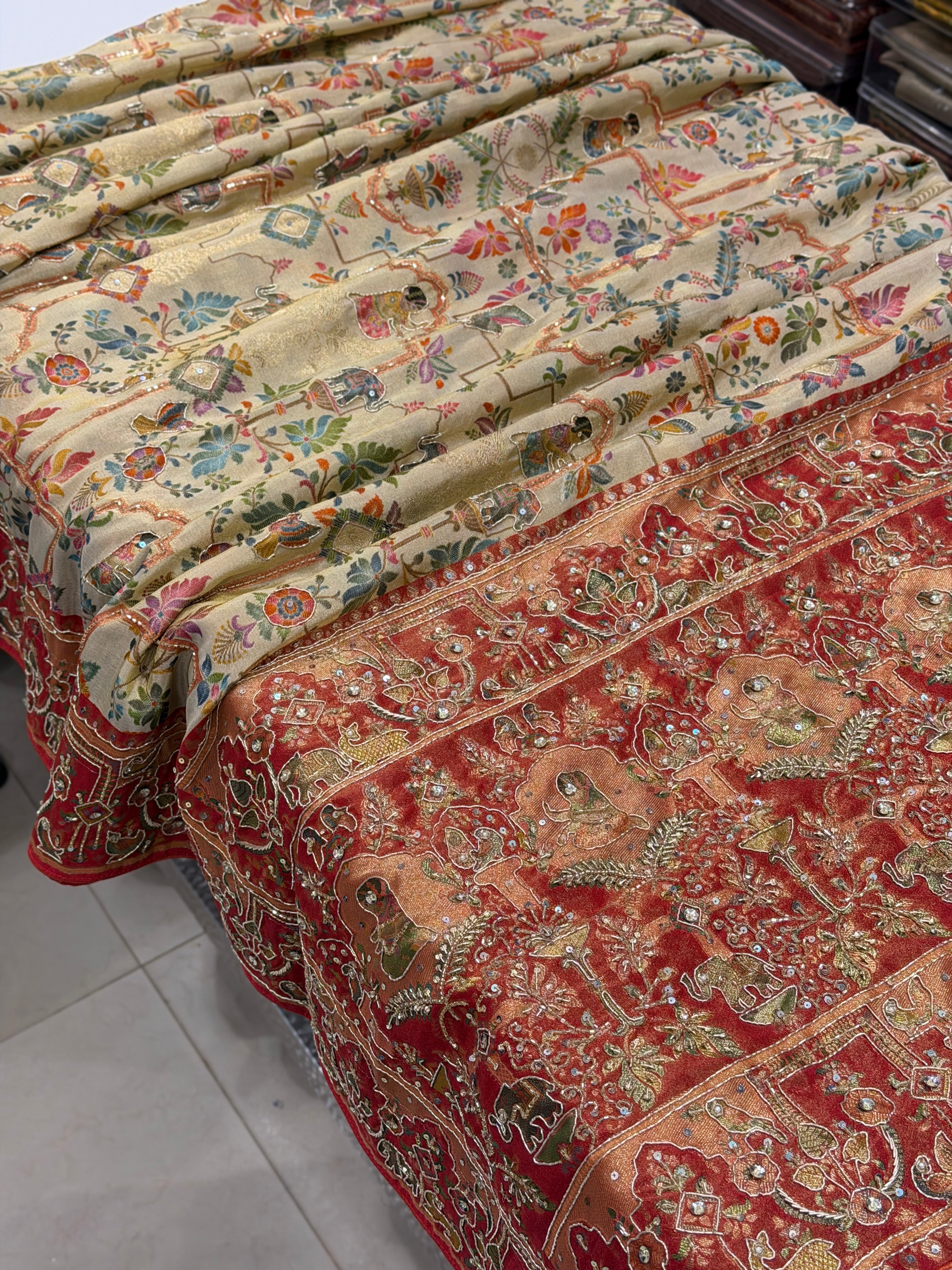 Beige Munga Tissue Weaved Pashmina Style Hand Embroidery Saree