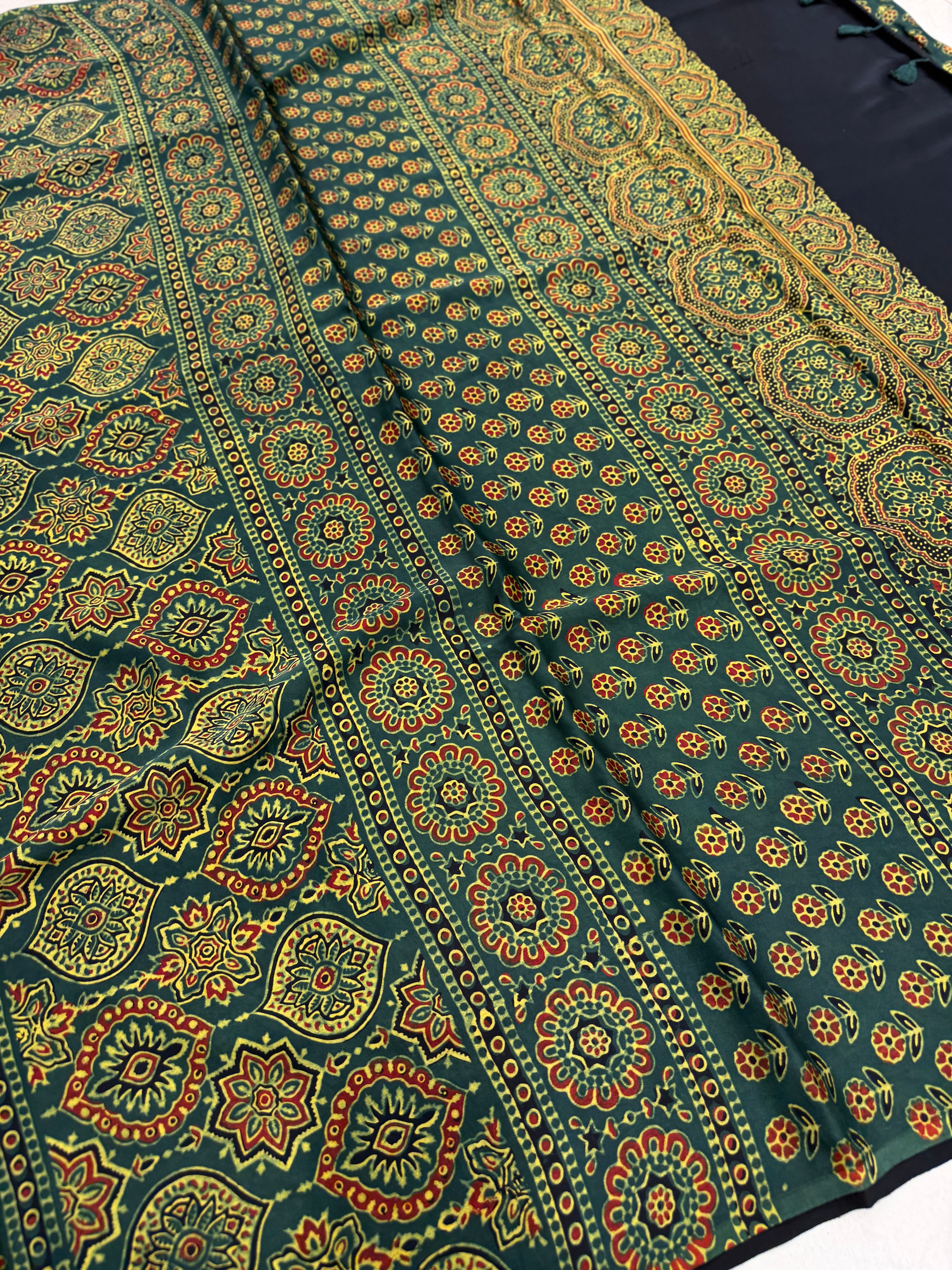 Green Ajrakh Hand Block Print Pure Modal Silk Saree