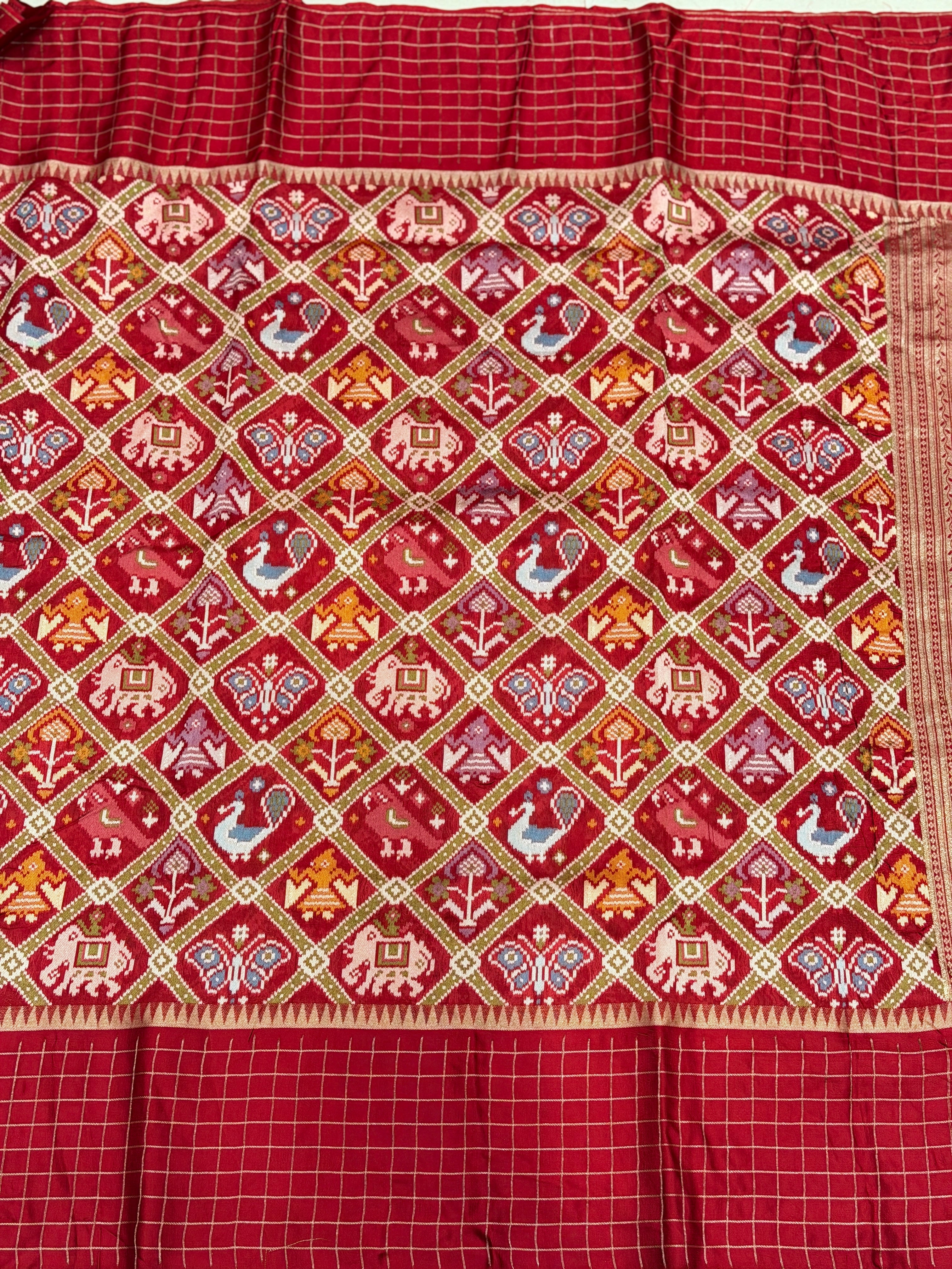 Red Munga Silk Patola Kanchi Style Checkered Border Fusion Saree