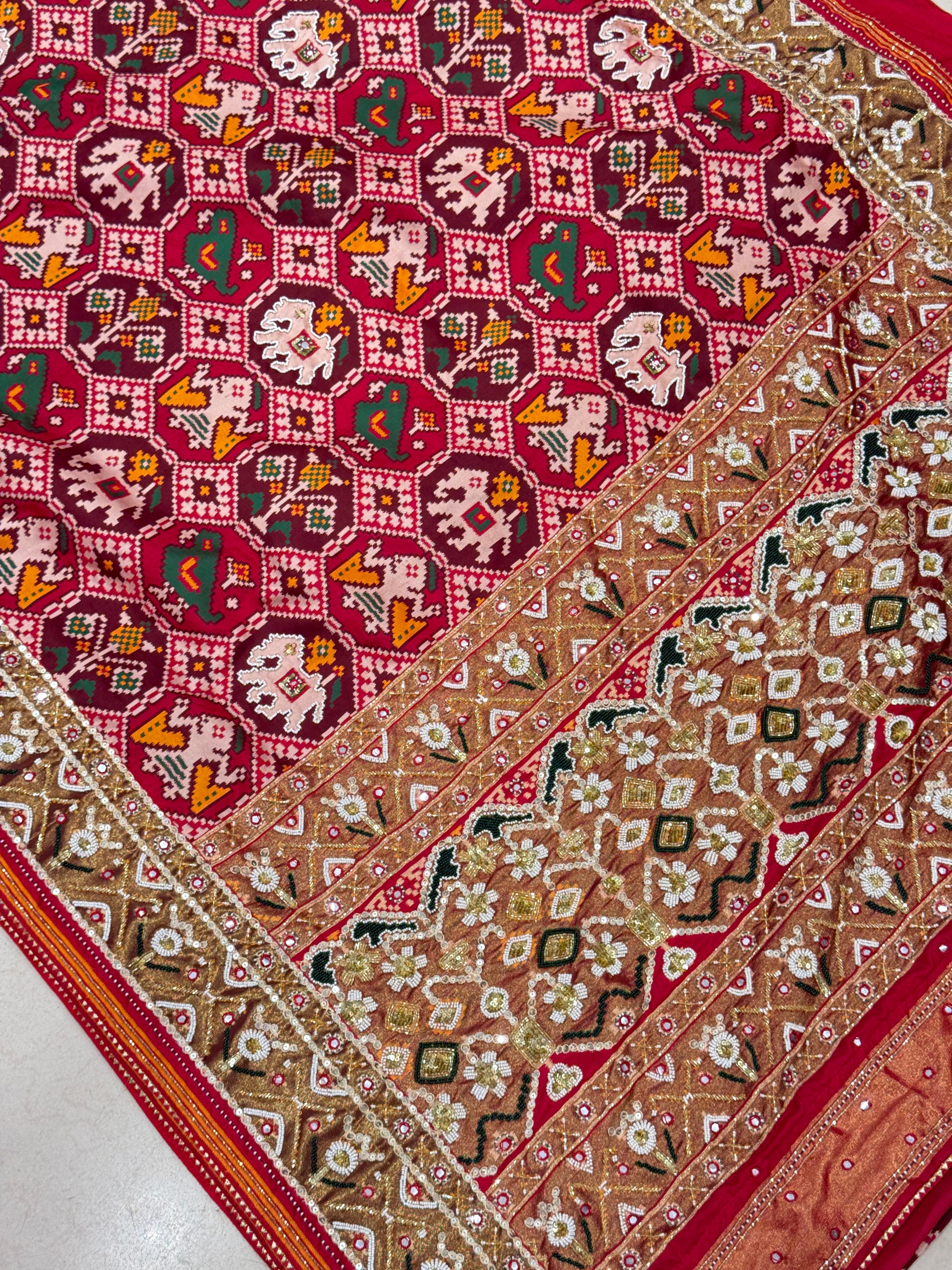 Red Nari Kunjar Bhat Patola Kidiya Moti Hand Embroidery Saree