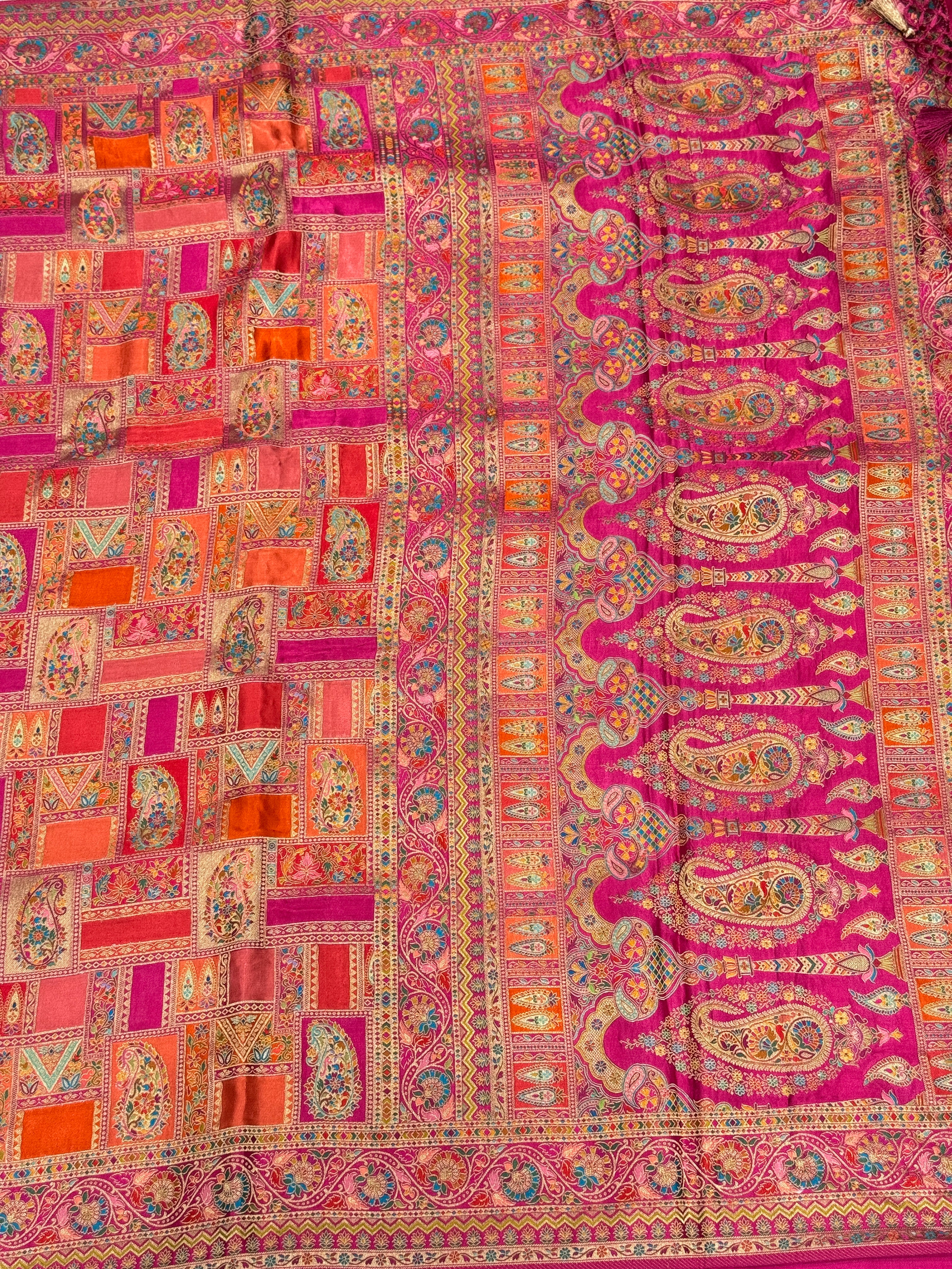 Orange Rani Banarasi Modal Rangkat Satin Checkered Silk Saree