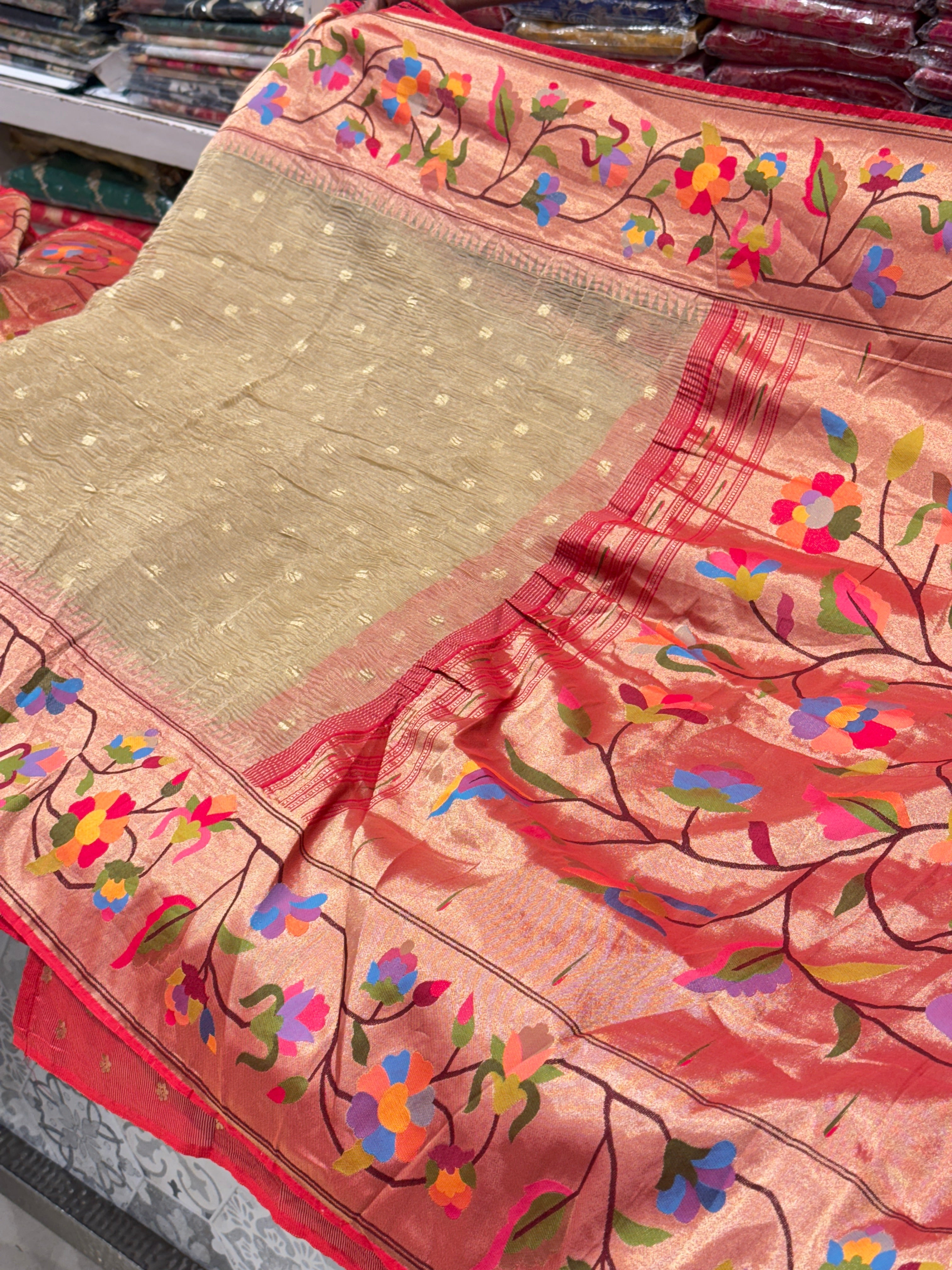 Gold Crushed Tissue Flower Paithani Saree