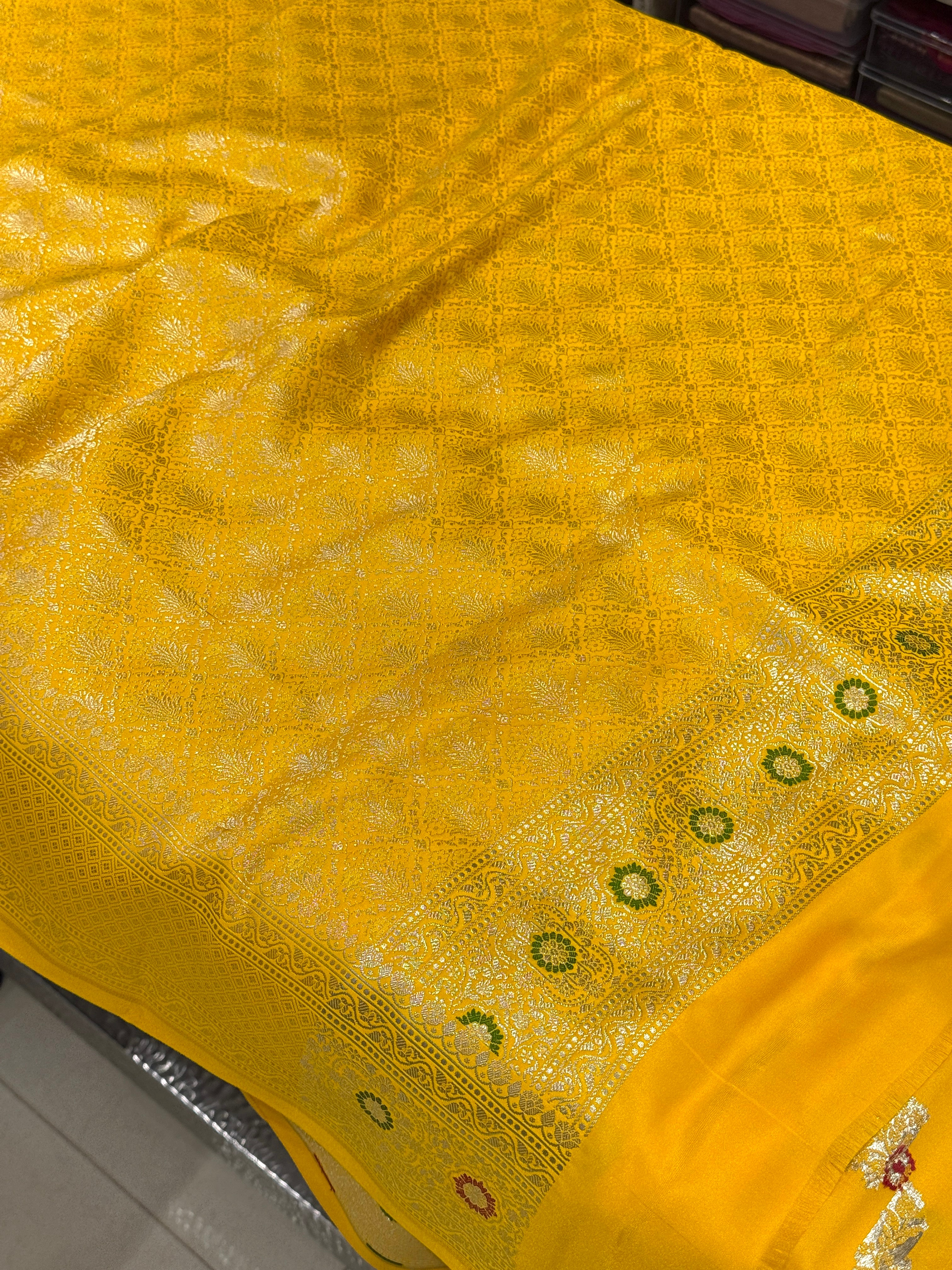Yellow Banarasi Silk Meena Jaal Saree