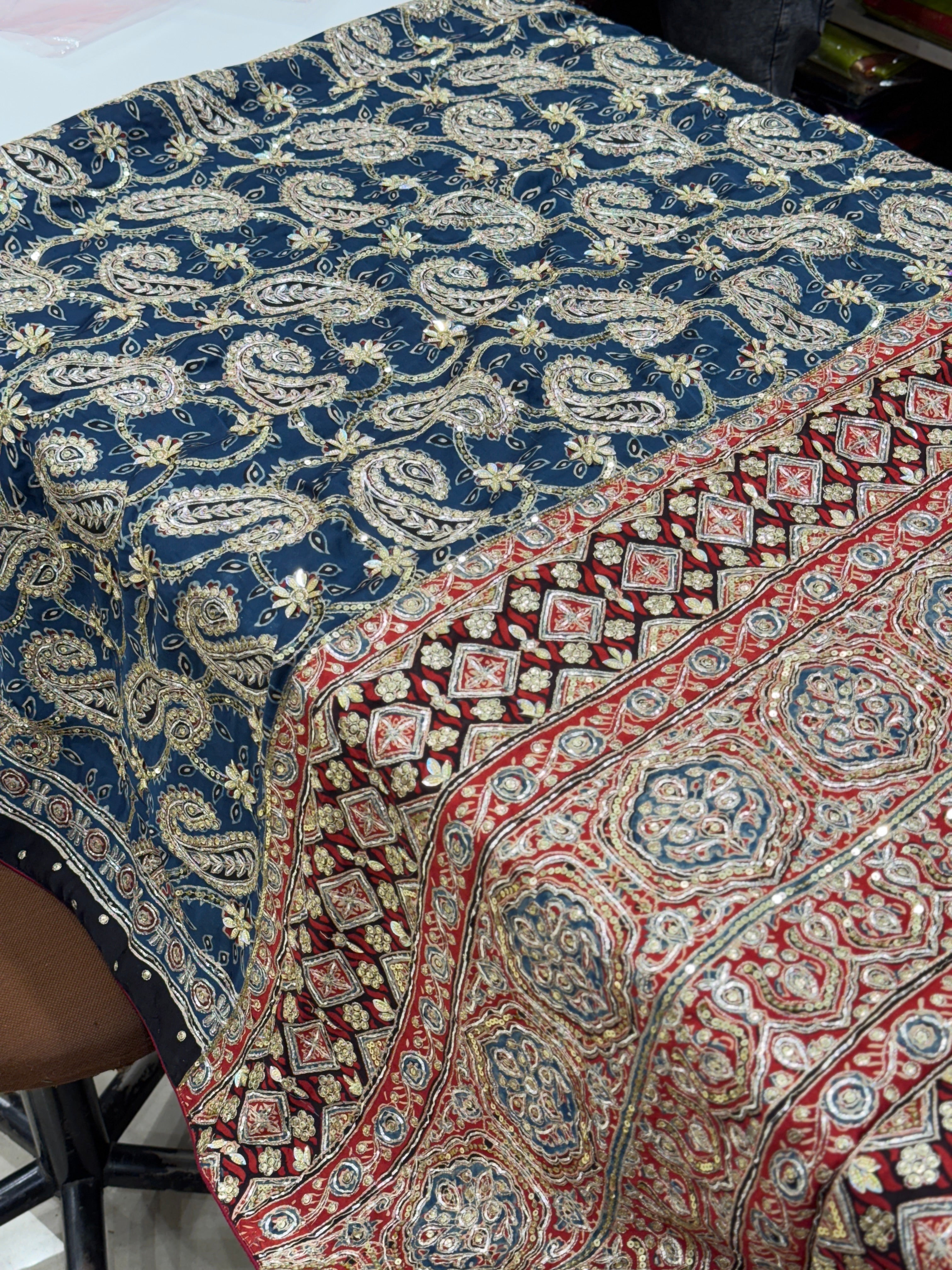 Ajrakh Blue Red Jaal Hand Embroidery Zardosi and Pita Work