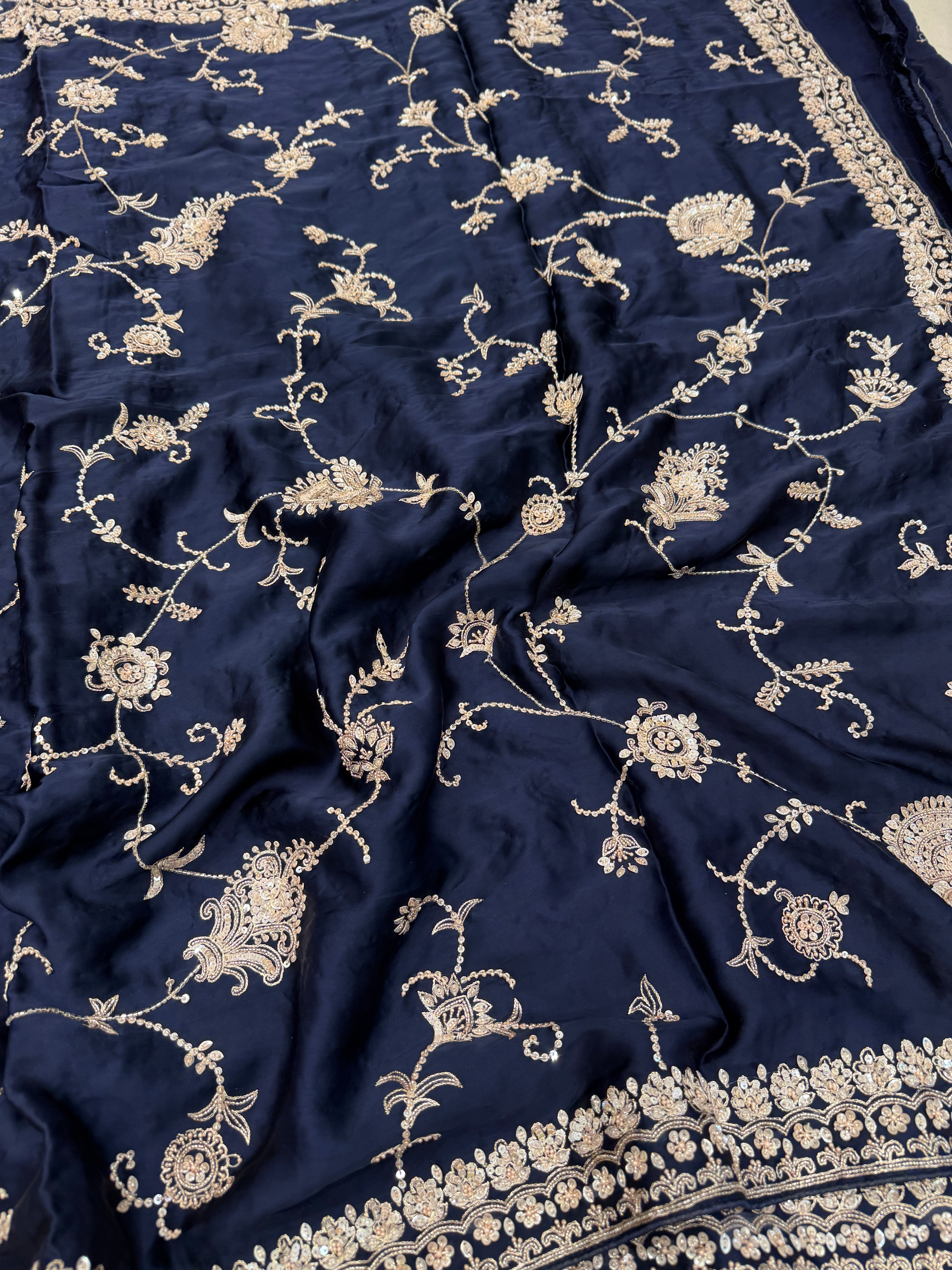 Blue Satin Silk Moti Sequin Jaal Hand Embroidery Saree