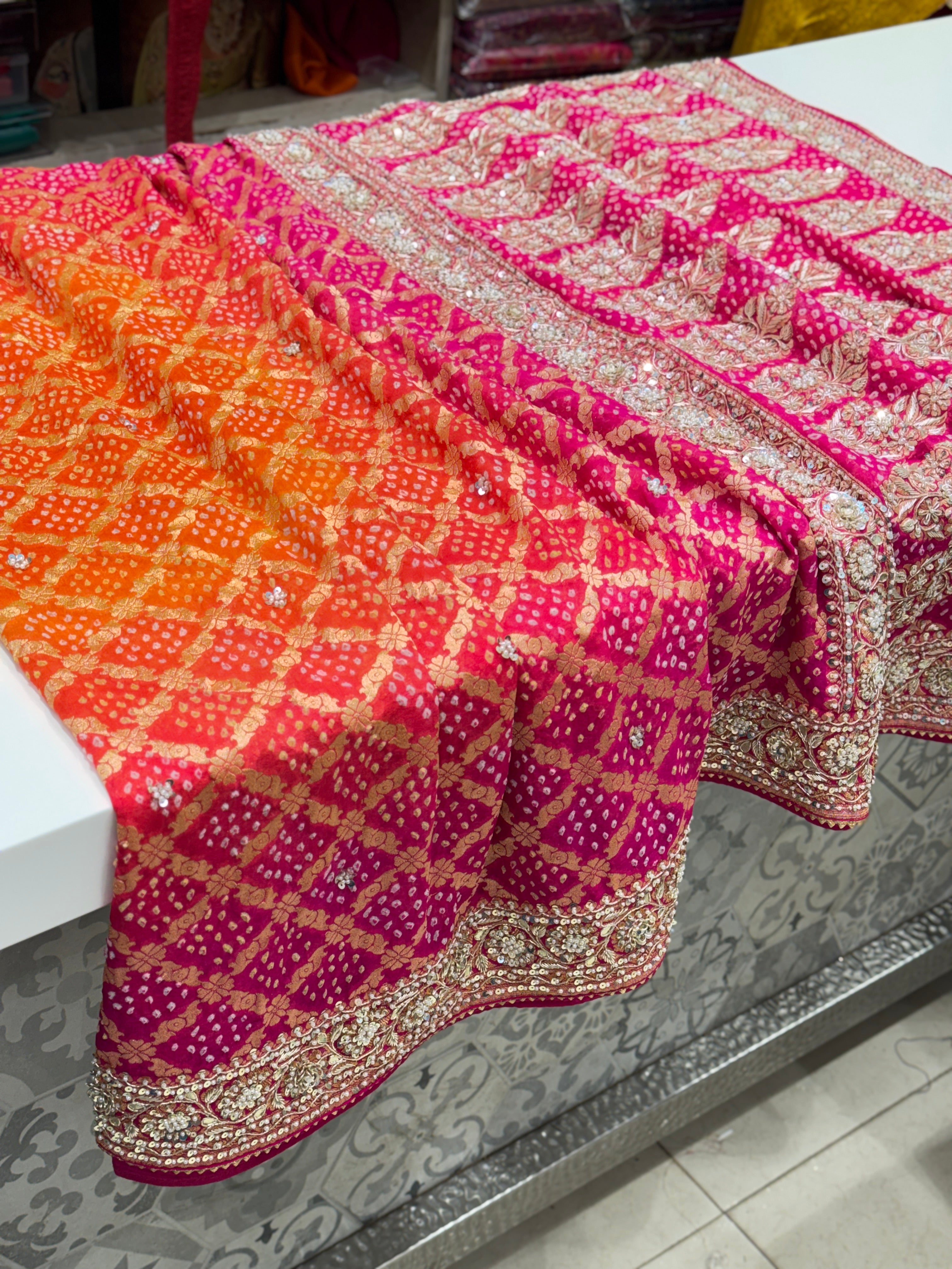 Orange Rani Shaded Bandhej Zardosi Embroidery Saree