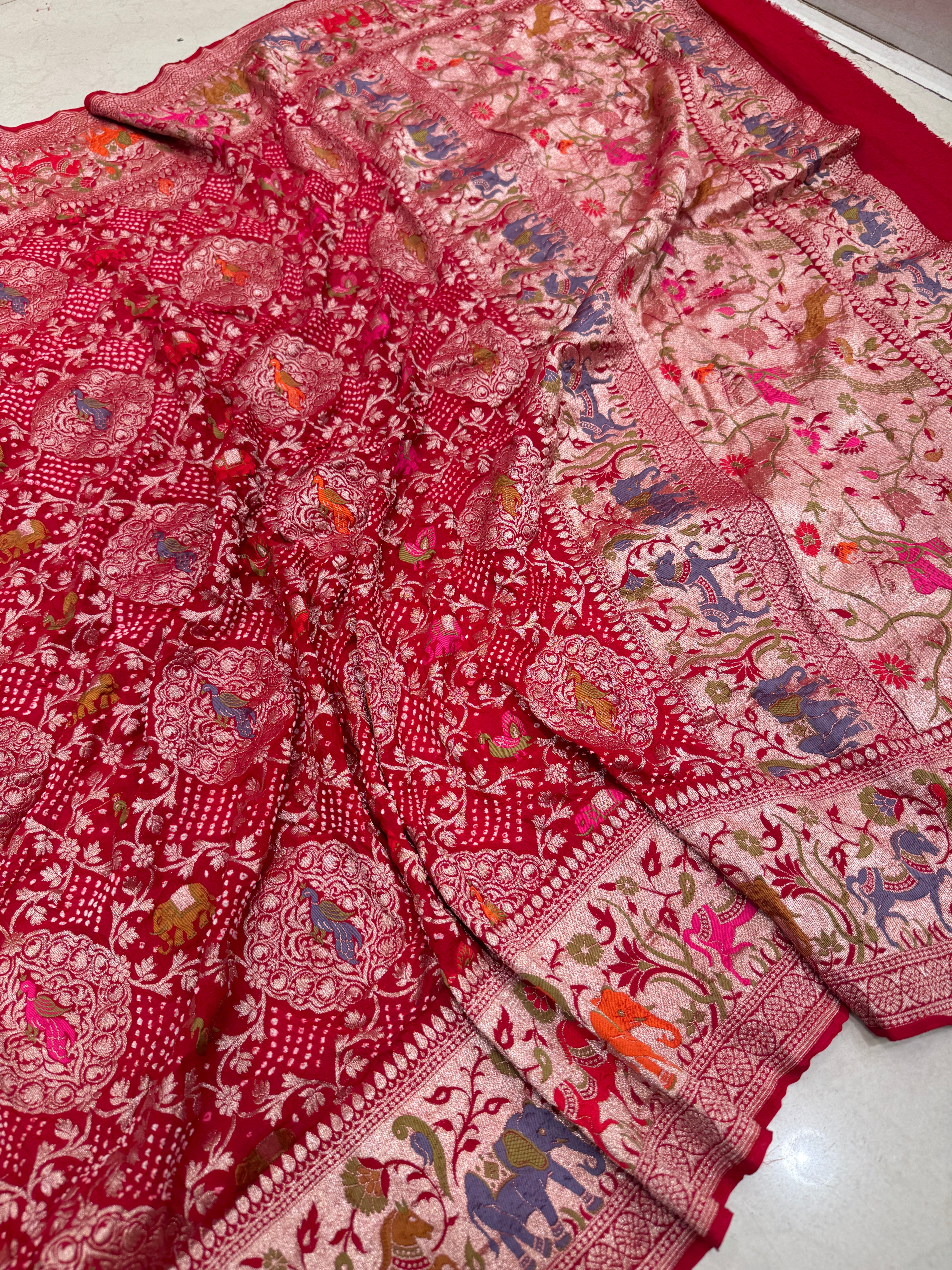 Red Shikargah Meenakari Rai Bandhej Georgette Dupatta