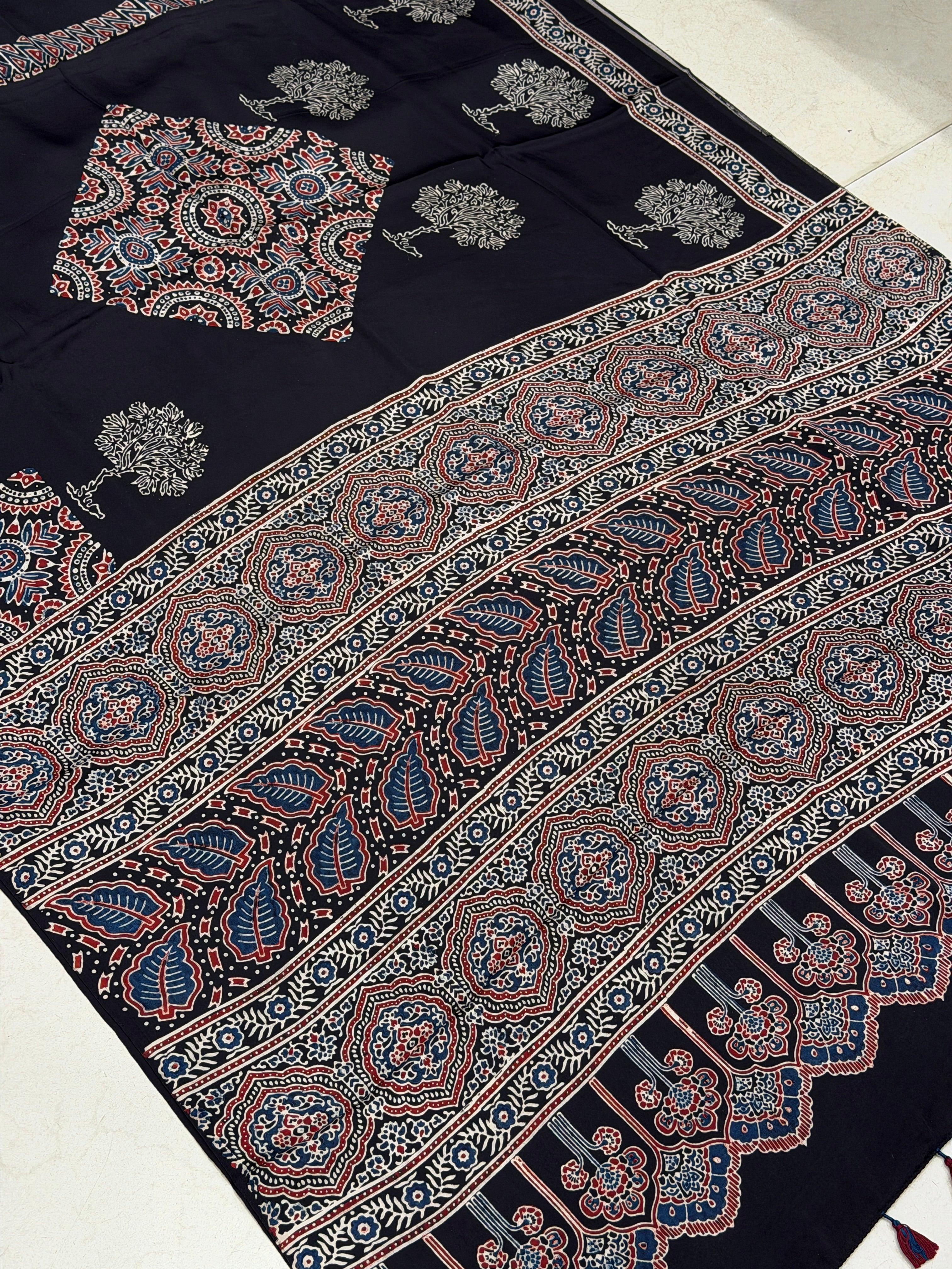 Black Contemporary Butta Ajrakh Hand Block Print Pure Modal Silk Saree
