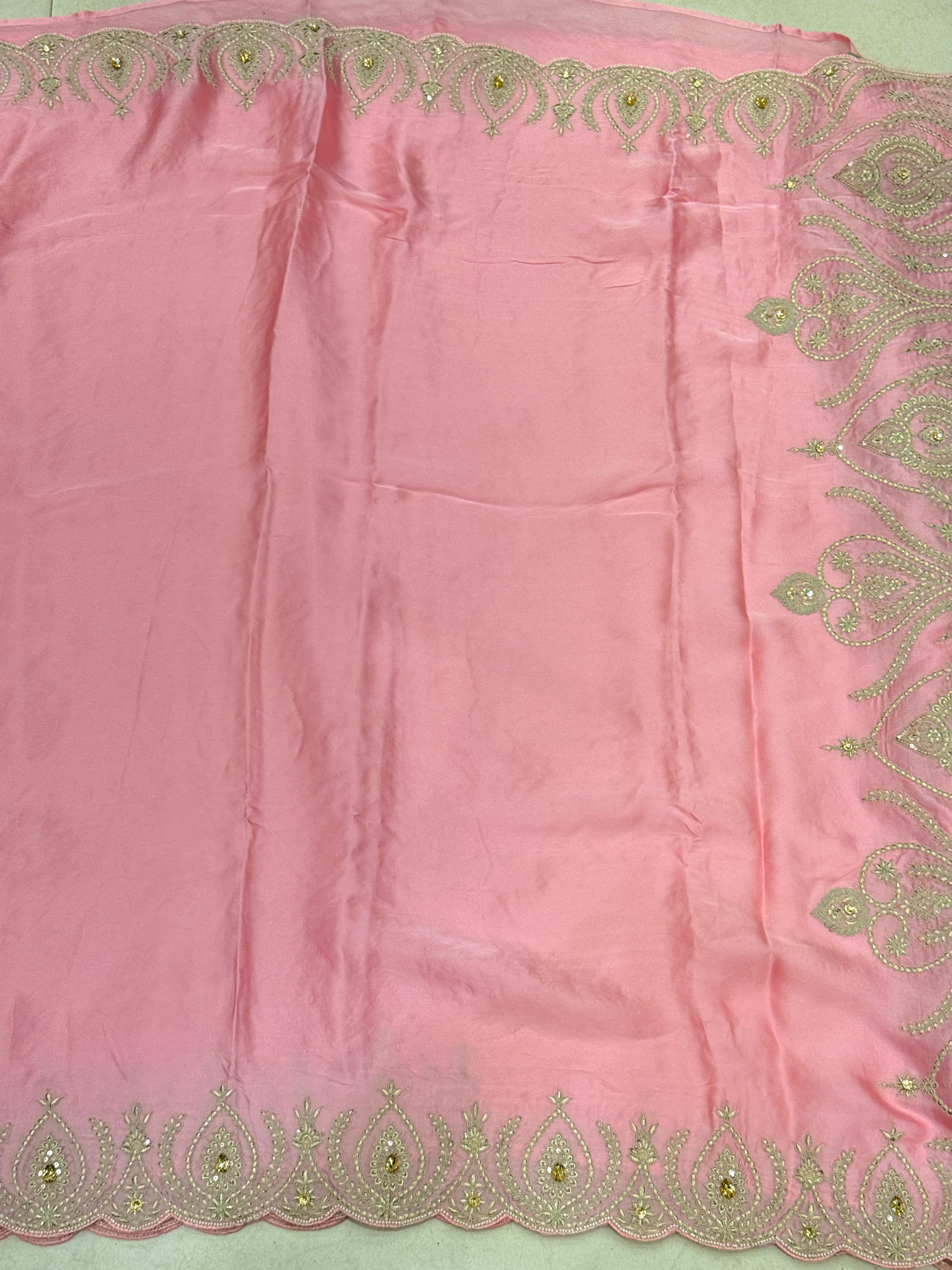 Pink Satin Organza Zari & Thread Embroidery Saree
