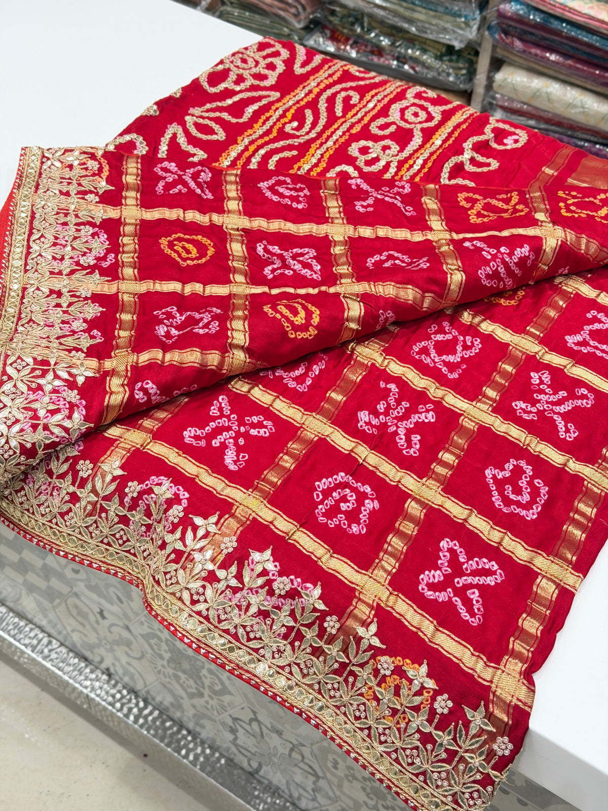 Red Gajji Silk Gharchola Rai Bandhej Gotapatti Marodi Hand Embroidery Saree