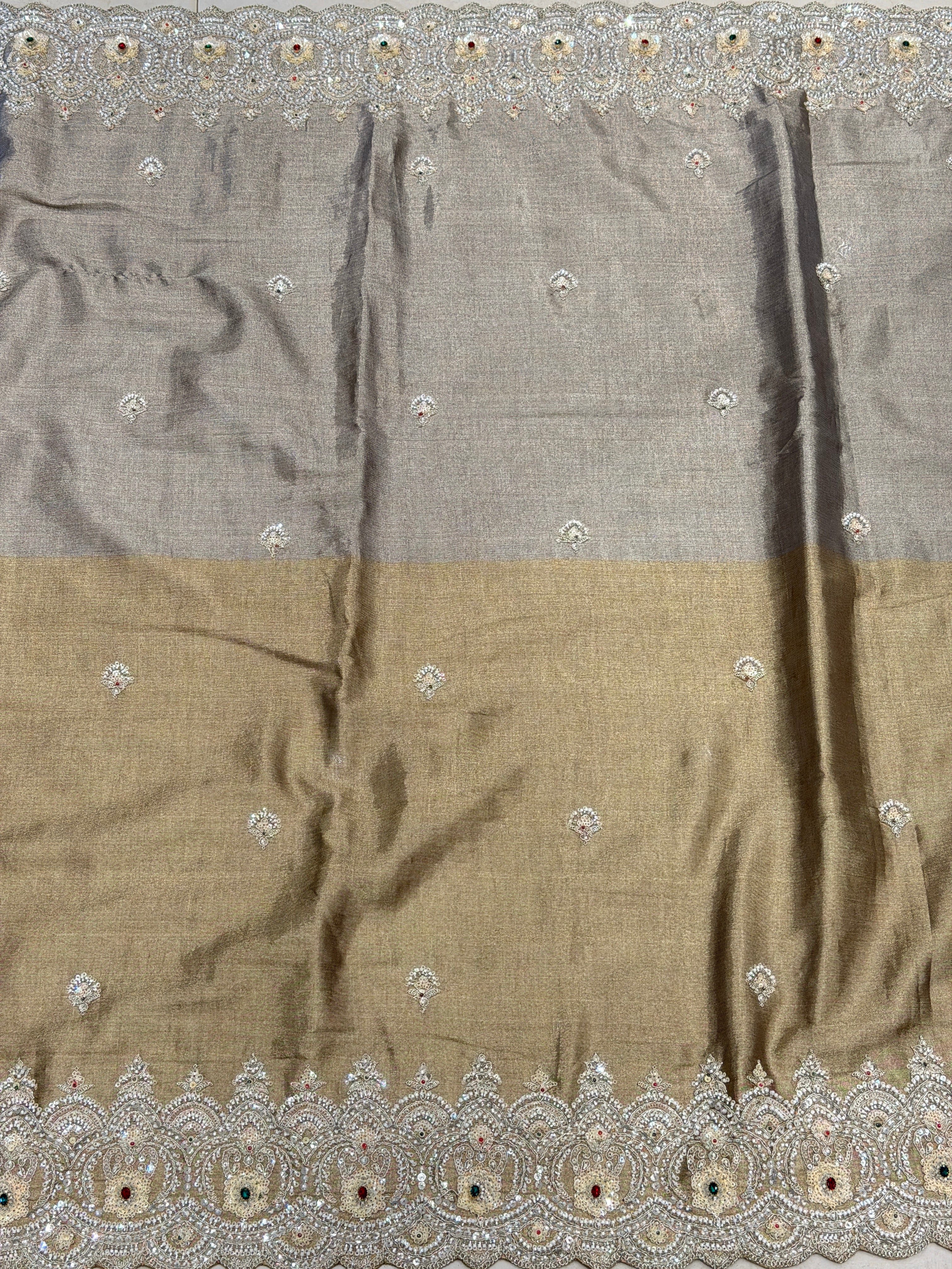 Light Golden Silver Soft Tissue Moti Crystal Embroidery Saree