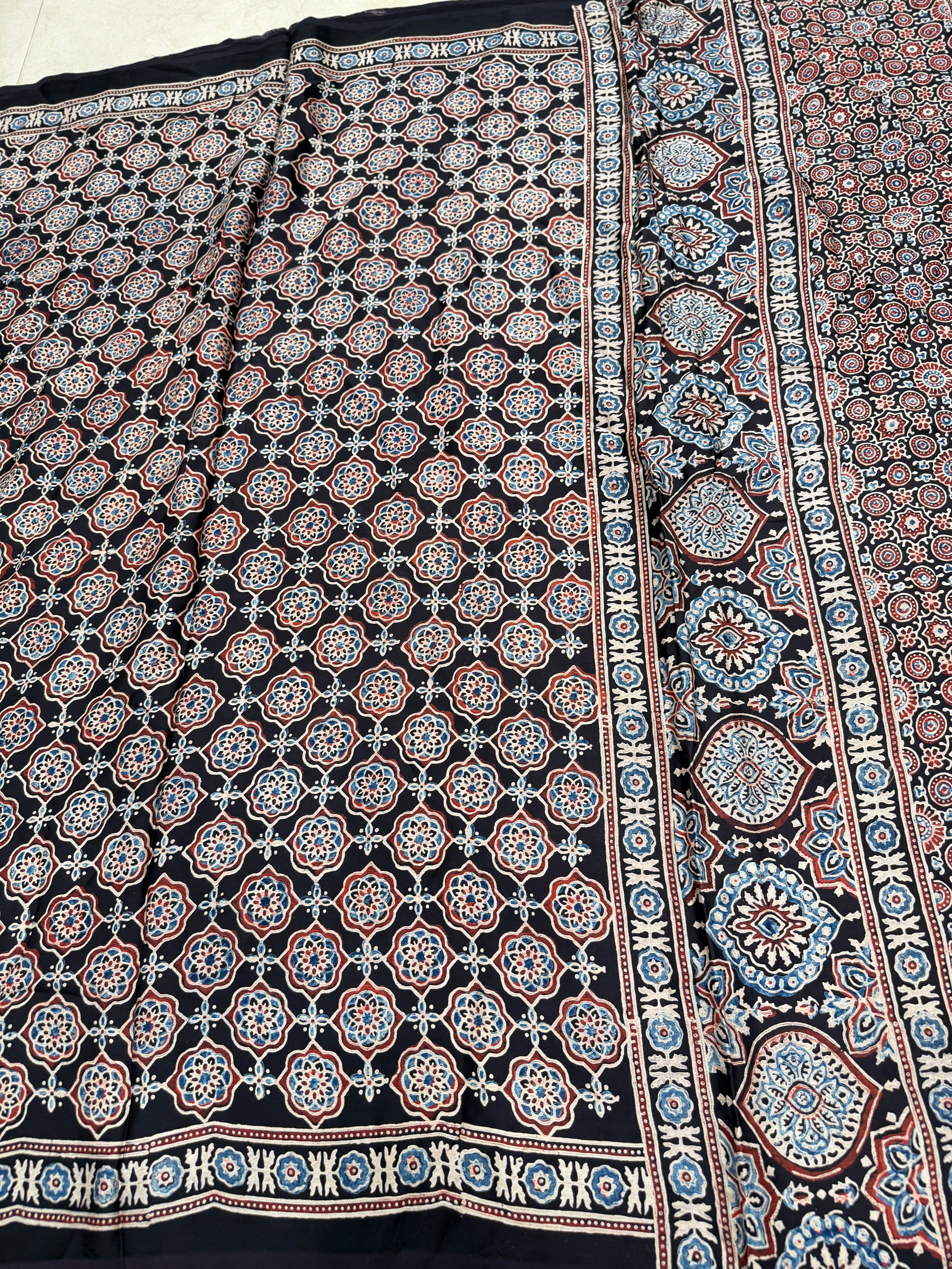 Black Jaal Ajrakh Hand Block Print Pure Gajji Silk Saree