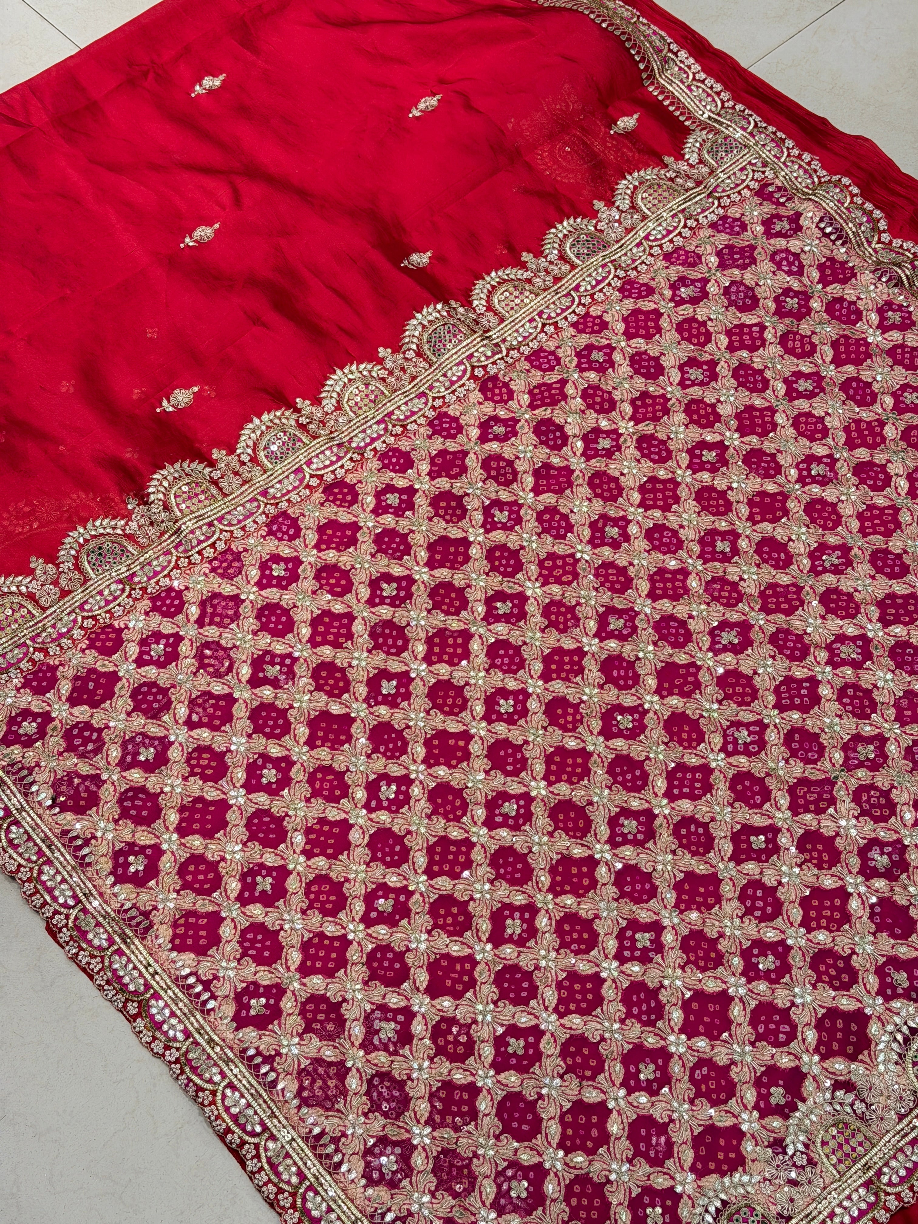 Red with Rani Pink Pure Silk Bandhej Marodi Hand Embroidery Saree