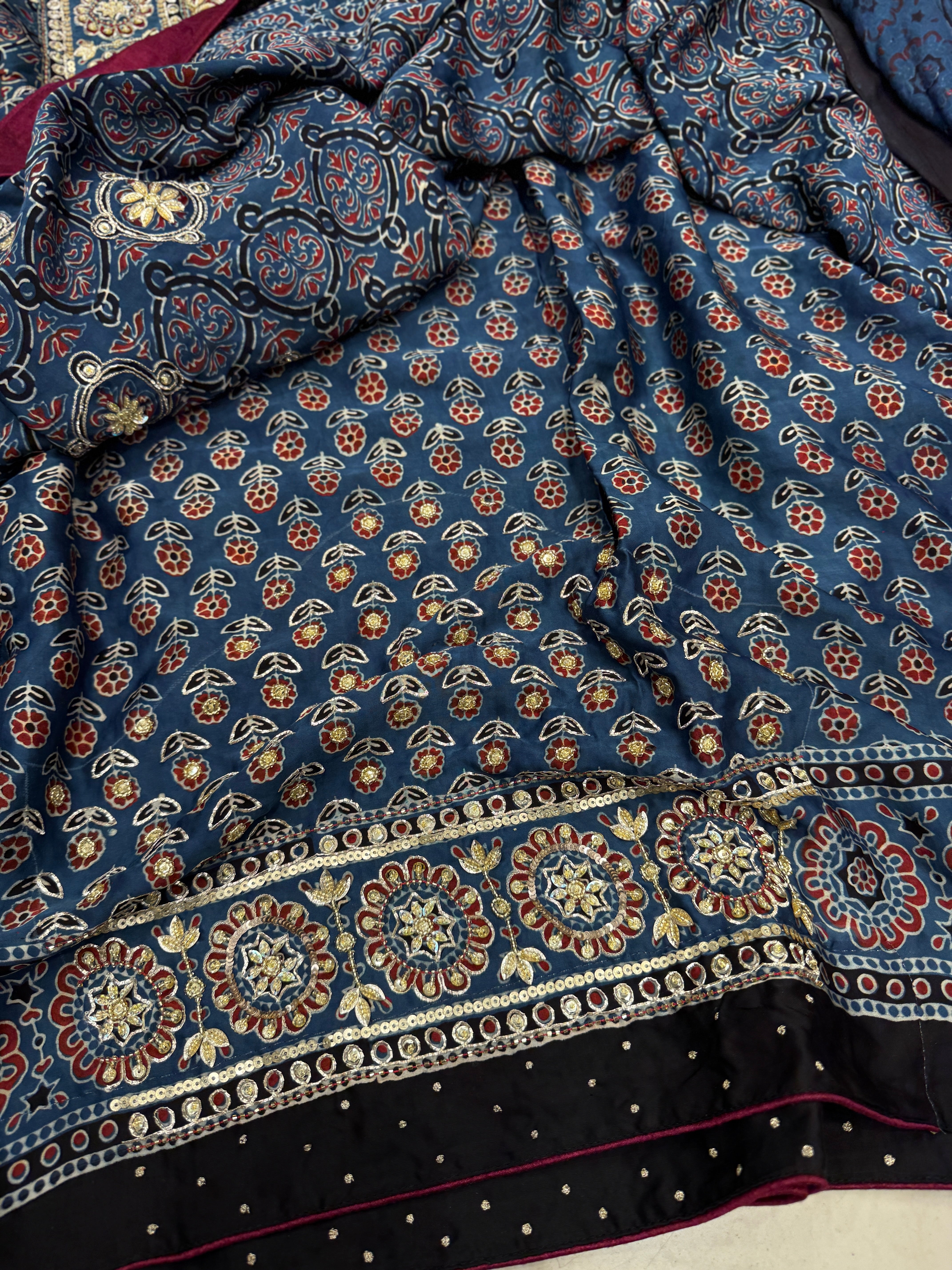 Blue Badam Jaal Pita Zardosi Sequin Ajrakh Hand Embroidery Saree