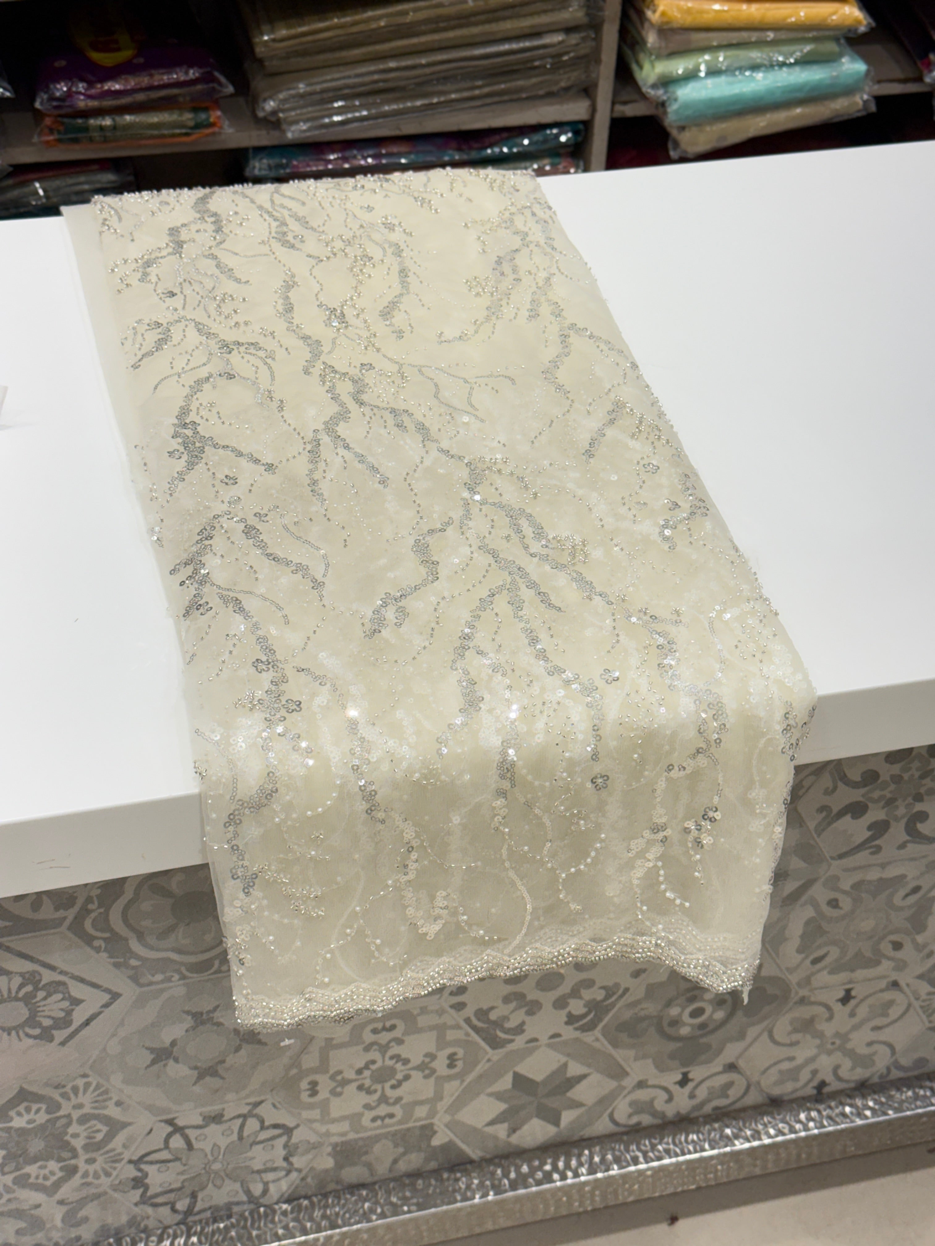 White Net Sequin Saree
